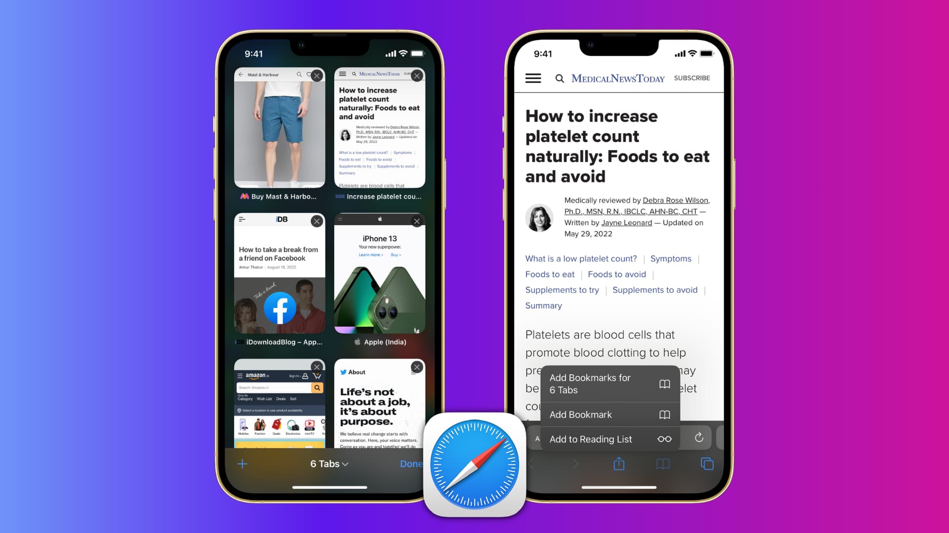 Two iPhone screenshots showing how to save all open Safari tabs as bookmarks in just a few taps