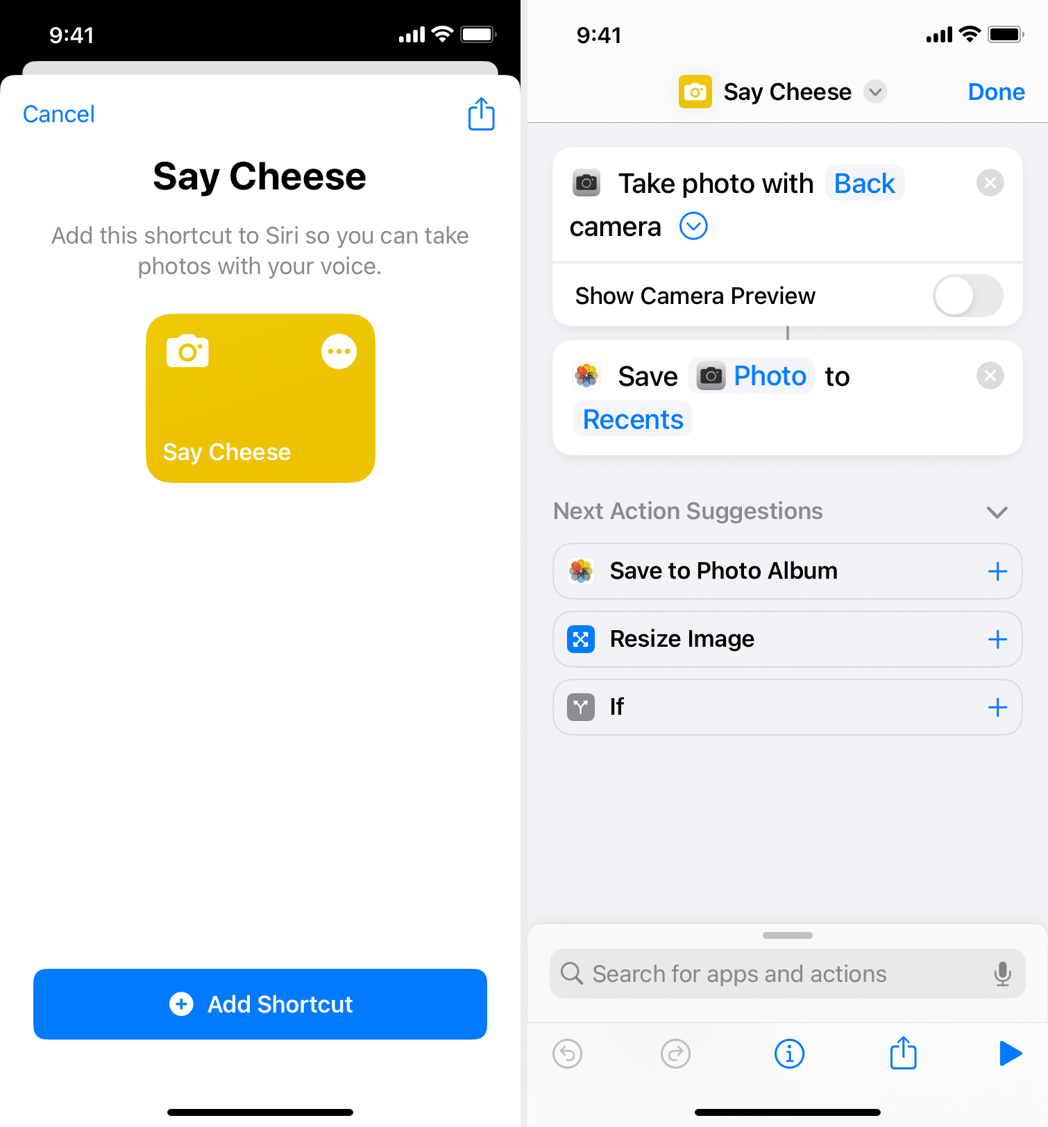 Say Cheese Siri Shortcut on iPhone