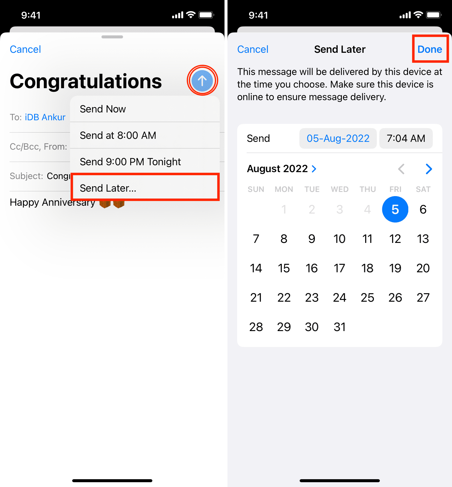 Schedule email in iPhone Mail app