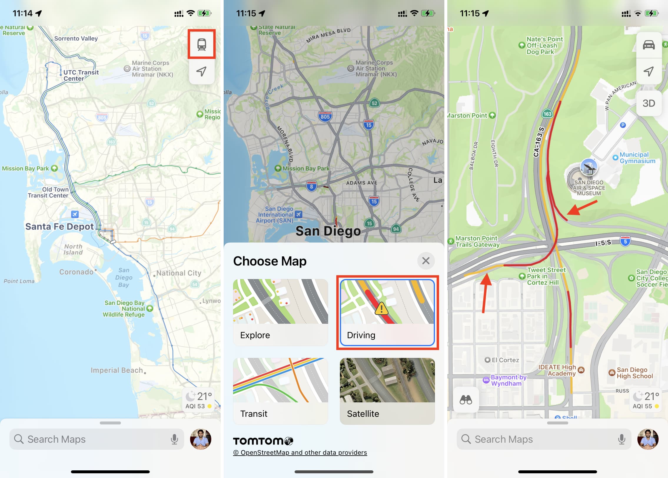 Select Driving or Satellite view to see traffic conditions in Apple Maps on iPhone