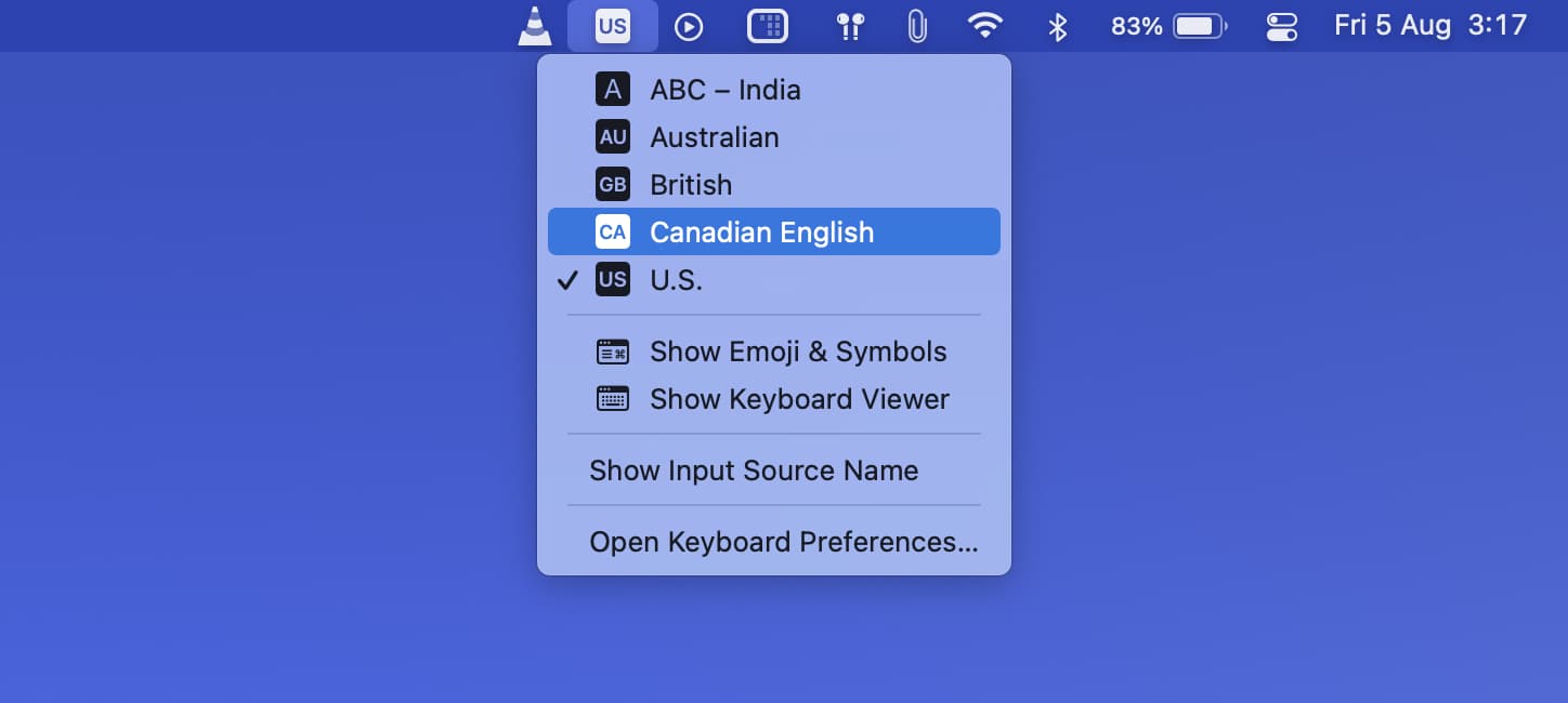 Select Input Source from Mac menu bar
