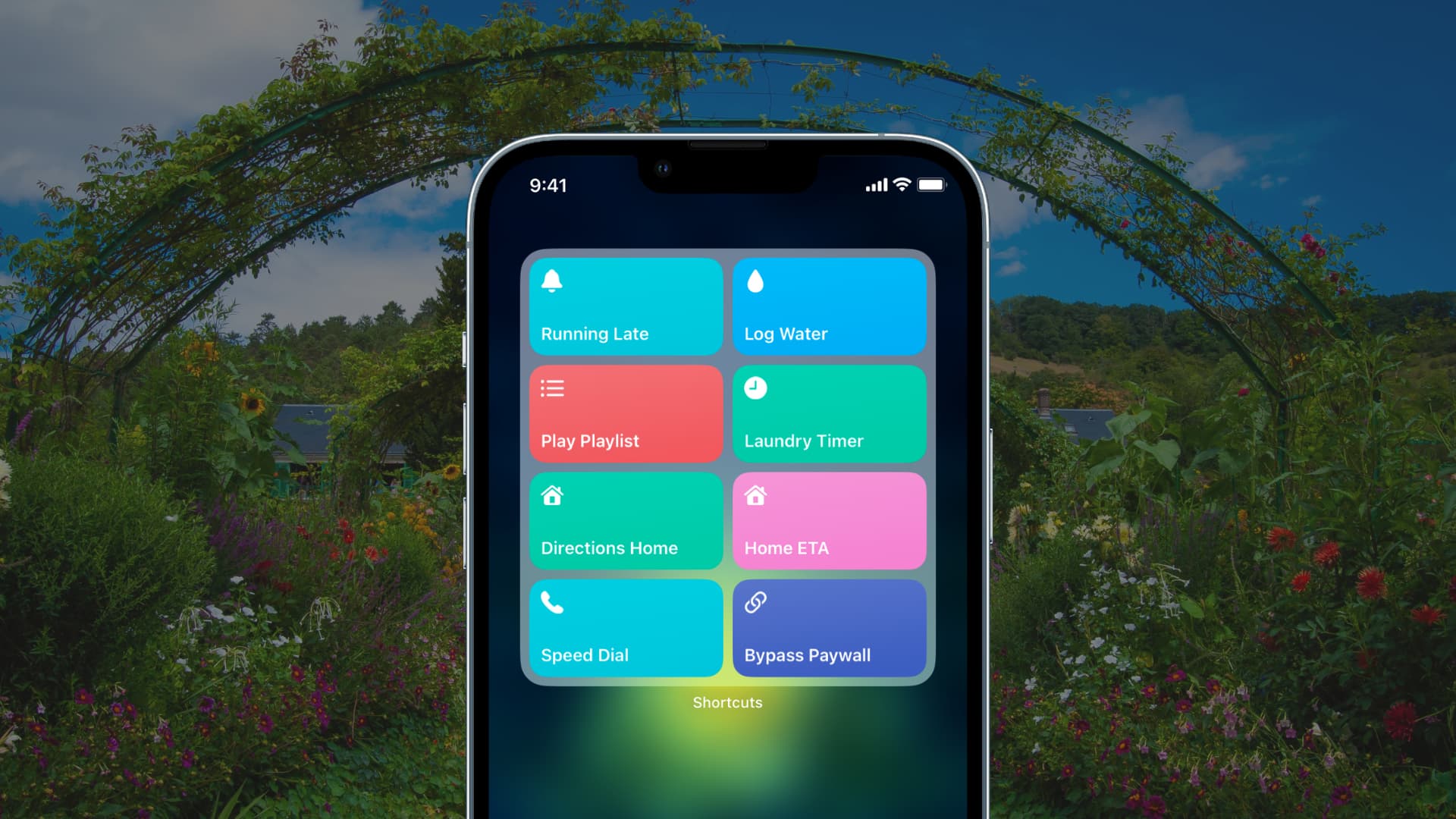 Shortcuts widget showing eight iOS shortcuts on iPhone Home Screen