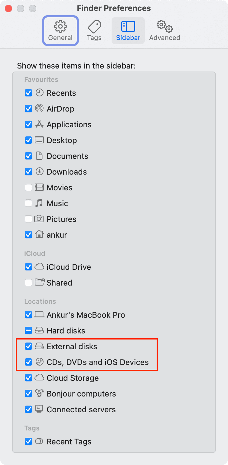 Show external disks in Finder sidebar on Mac