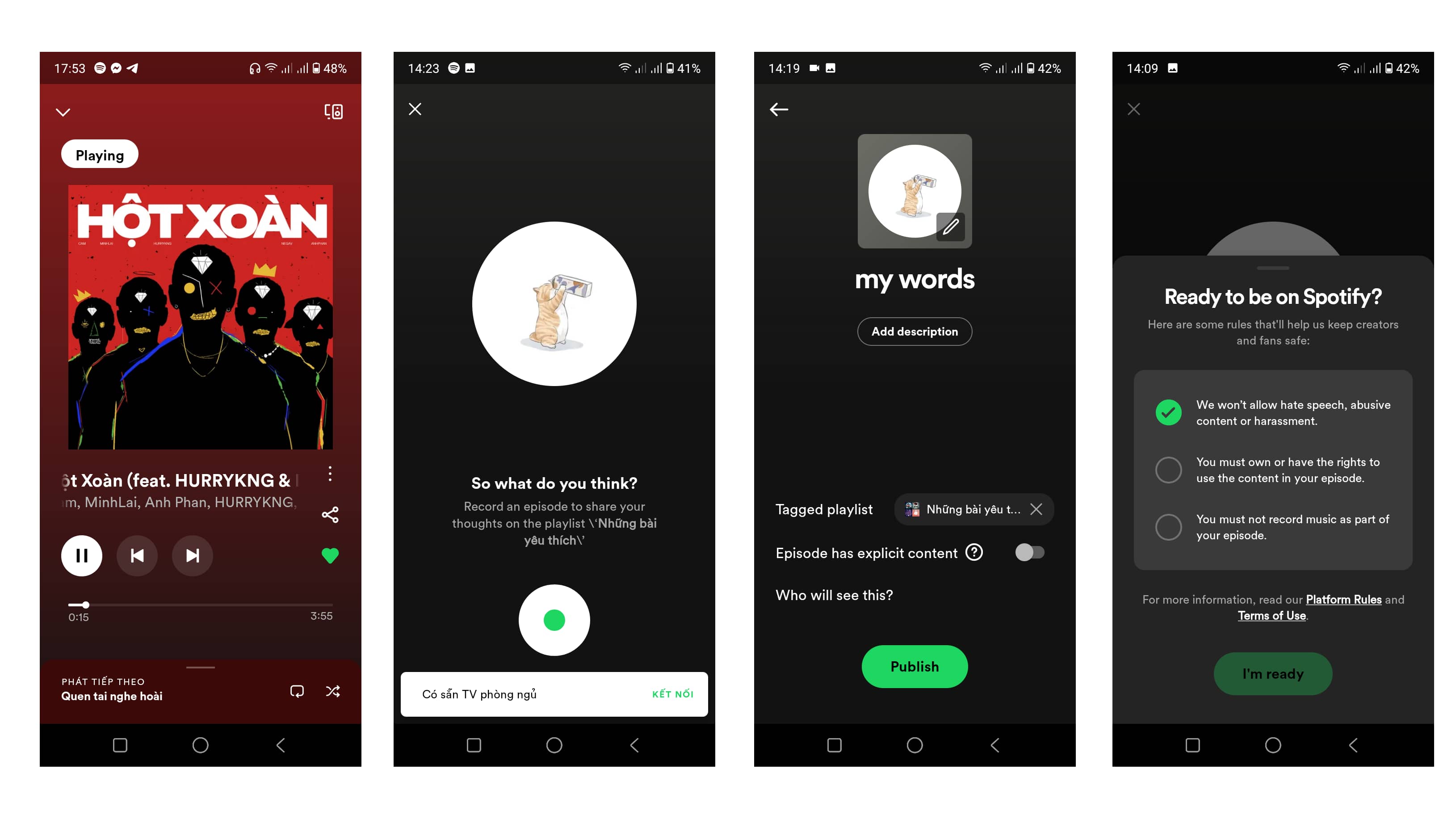 Android screenshots showcasing the ability to record audio reactions in the Spotify app