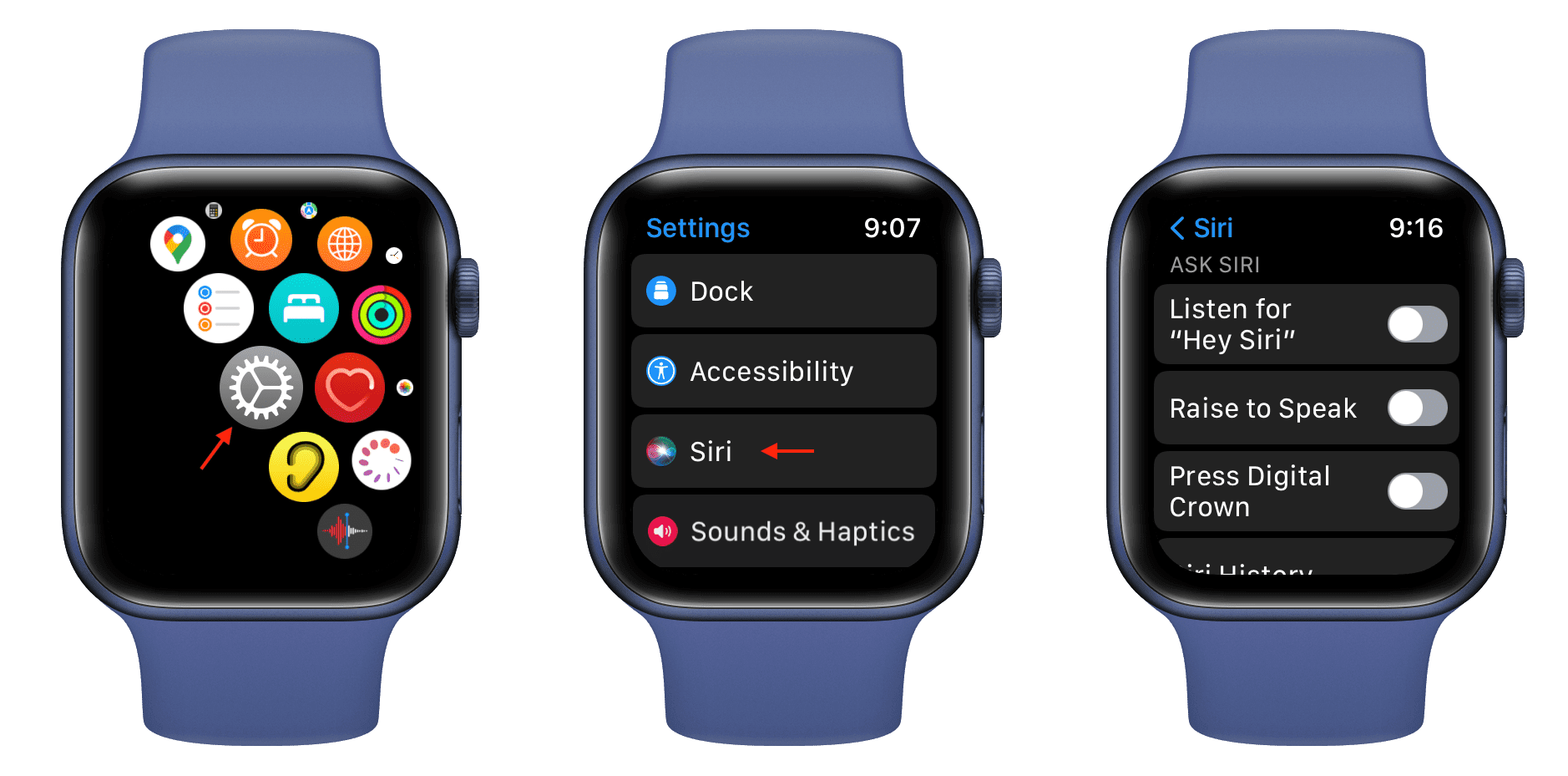 Three Apple Watch mockups showing the steps to turn off Siri on Apple Watch
