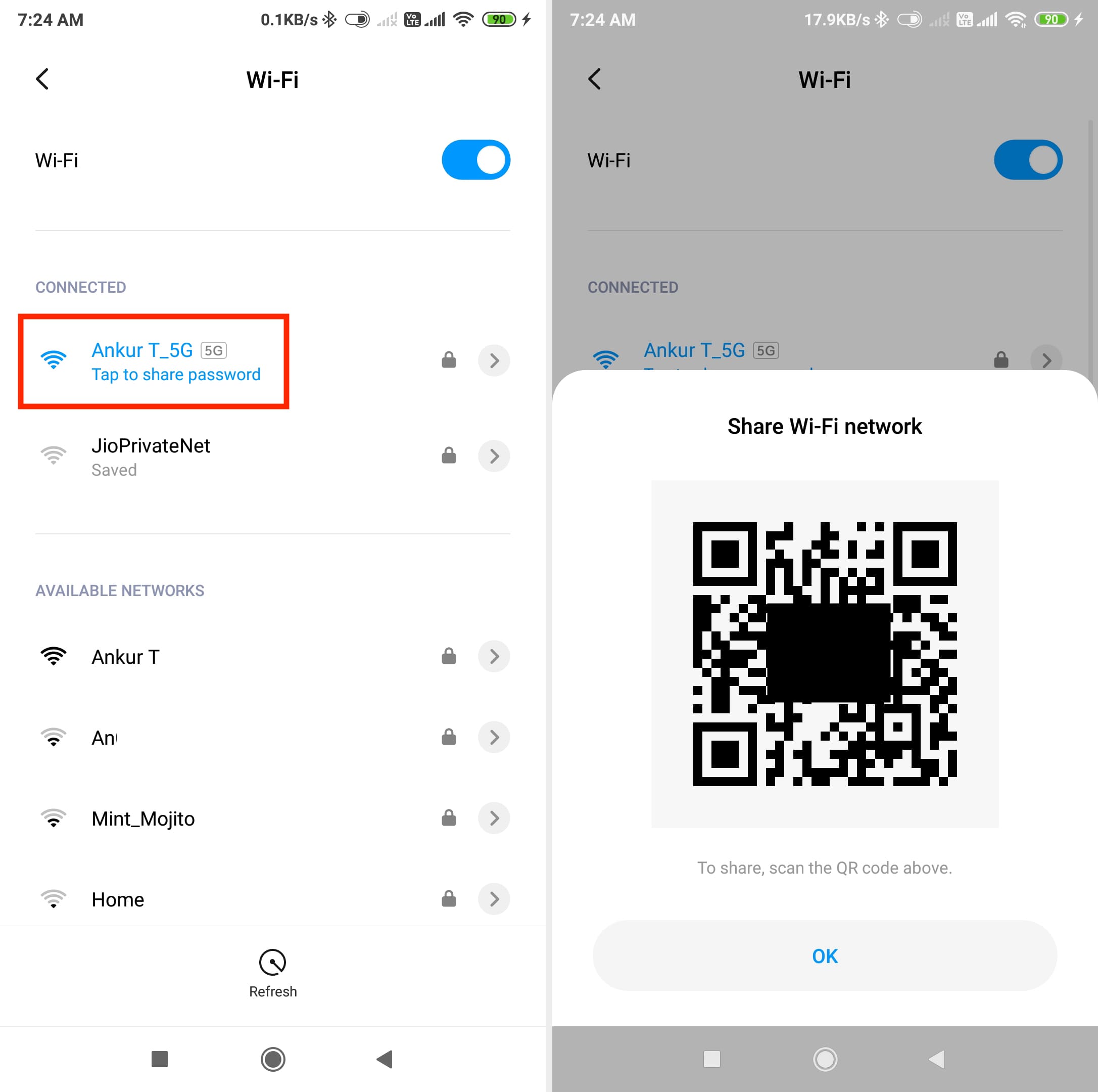 Tap to share password on Android phone in Wi-Fi settings