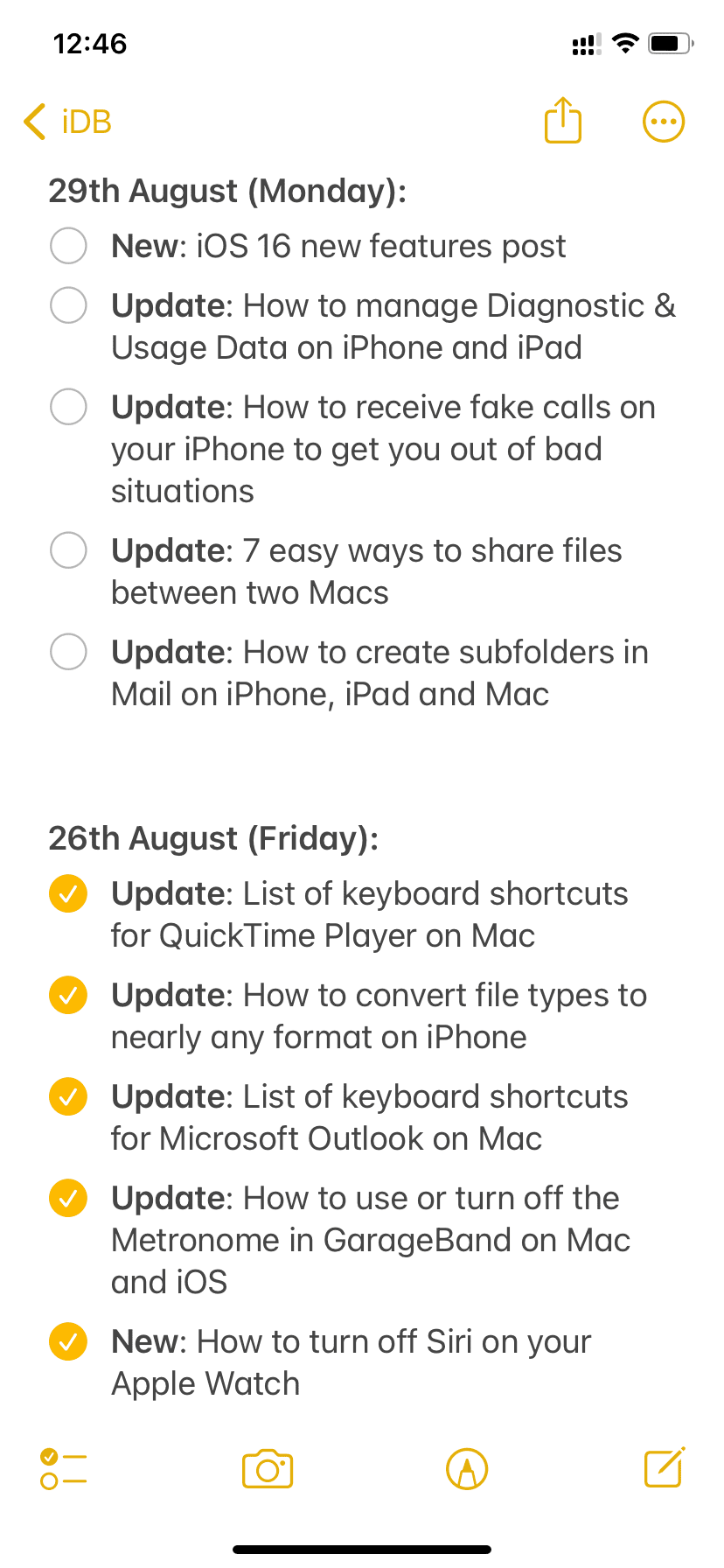 To-do list in iPhone Notes app