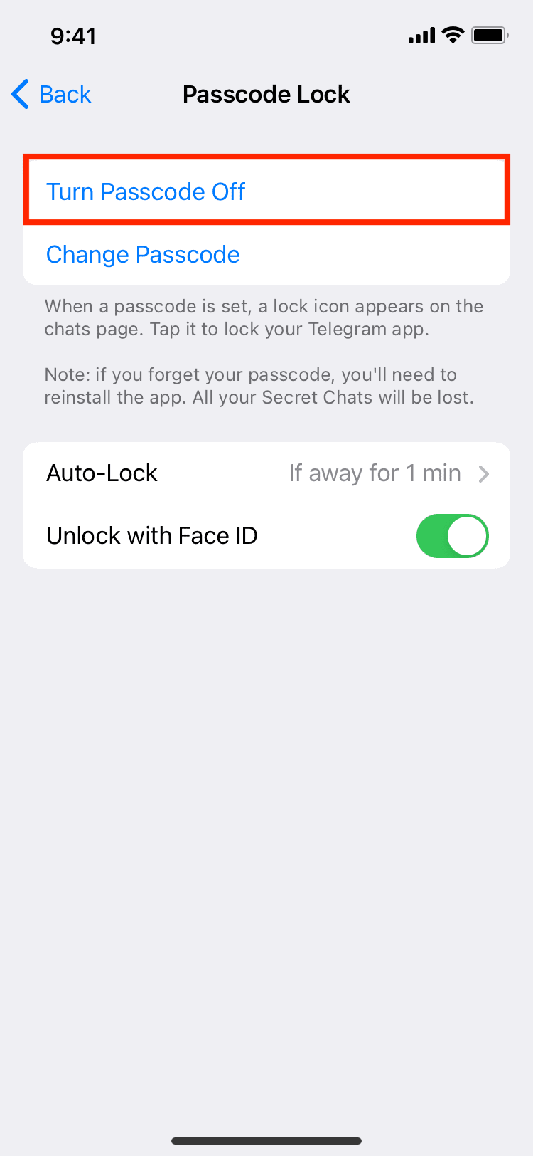 Turn Passcode Off in Telegram app on iPhone