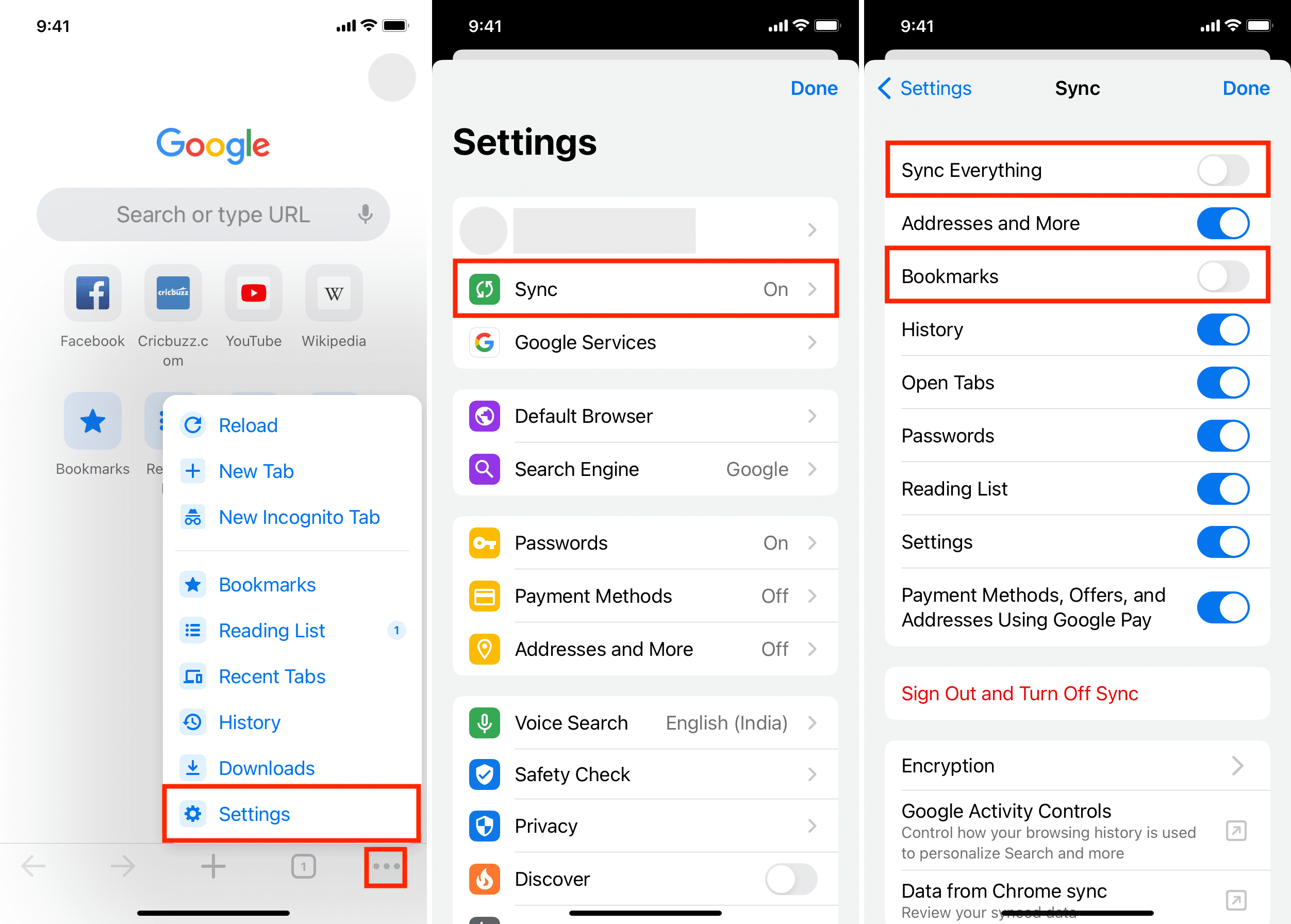 Turn off bookmarks sync in Chrome on iPhone