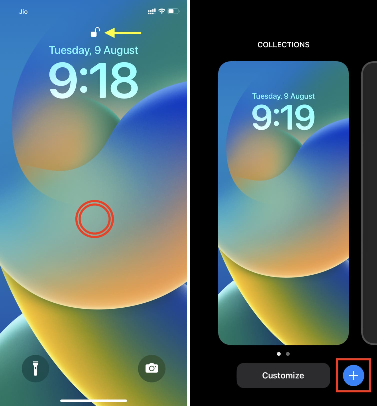 Unlock iPhone and tap plus button to add new set of wallpapers in iOS 16