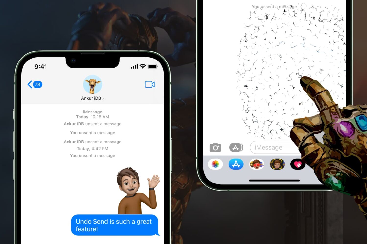 Two iPhone screenshots showing the iPhone Undo Send feature in action with Thanos in the background and Thano's hand gesturing the erase action