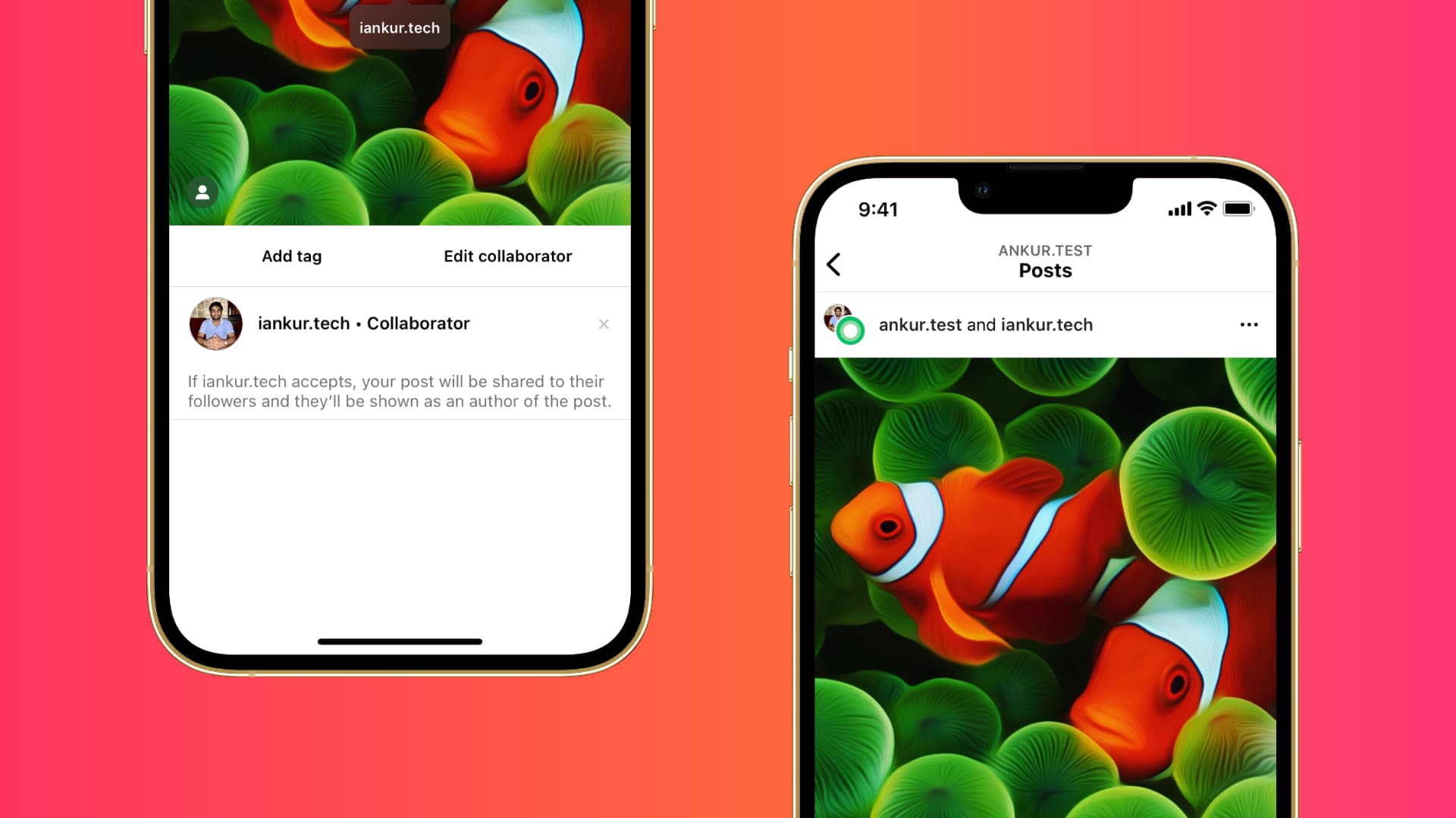 Two iPhone mockups showing the Instagram collab feature