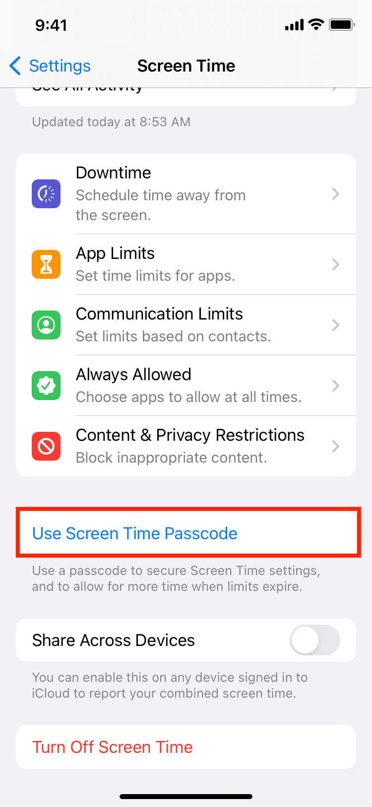 Use el código de acceso de tiempo de pantalla en iPhone