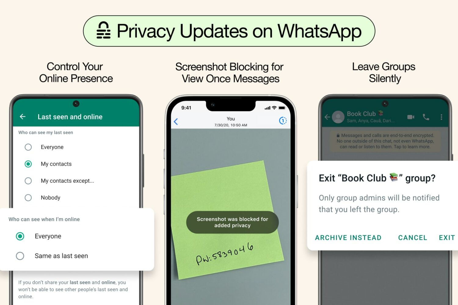 WhatsApp marketing image showcasing new privacy features: Online presence, view-once screenshot blocking and leaving groups without notifying everyone