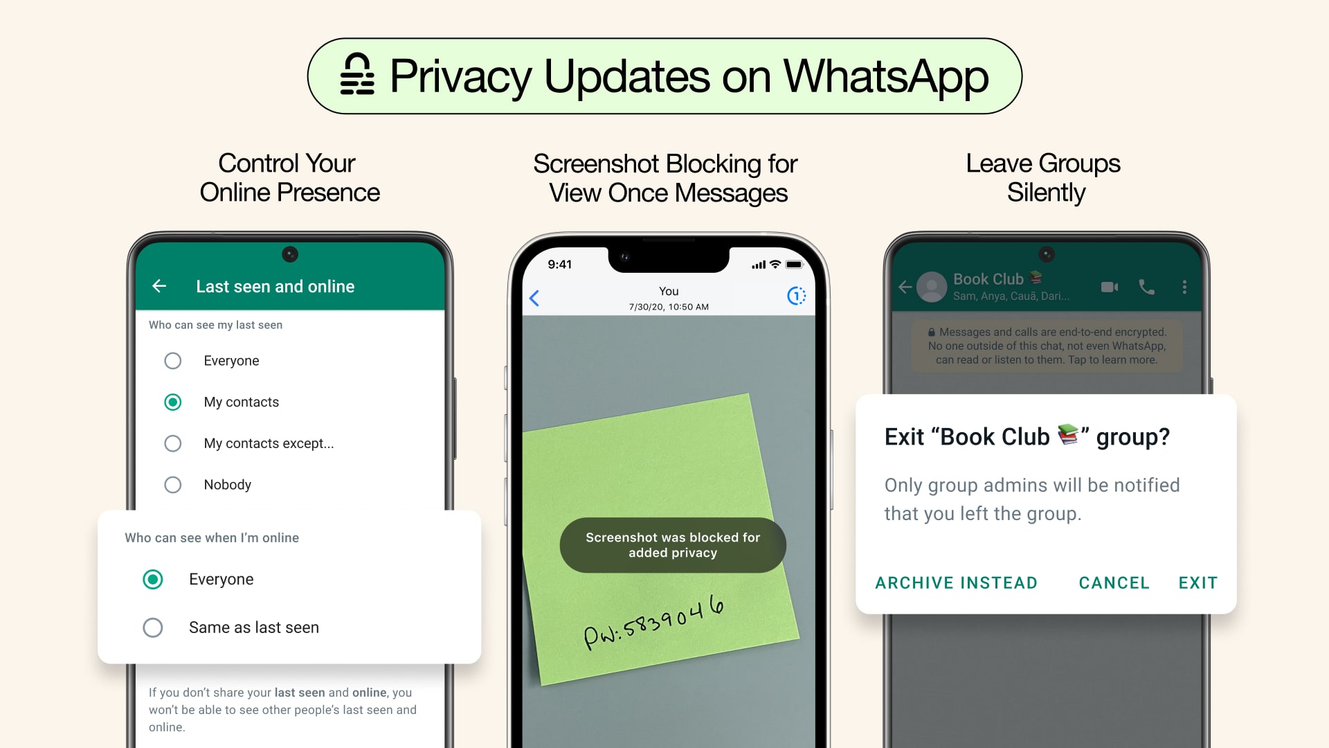 WhatsApp marketing image showcasing new privacy features: Online presence, view-once screenshot blocking and leaving groups without notifying everyone 