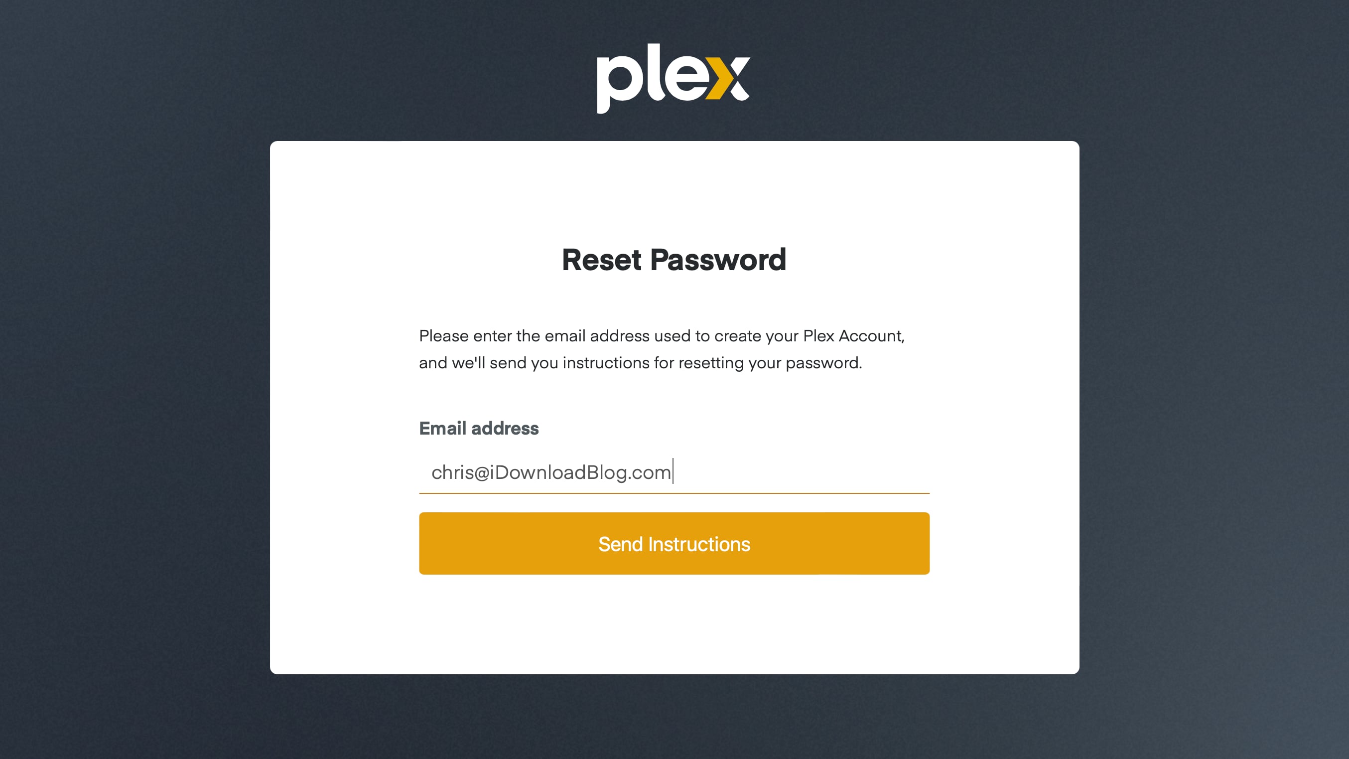 Requesting a password reset on Plex