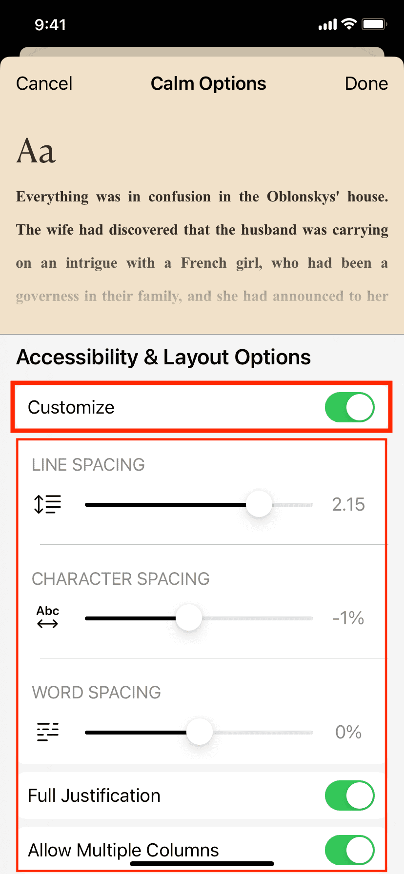 Accessibility and Layout Options for theme in iPhone Books app