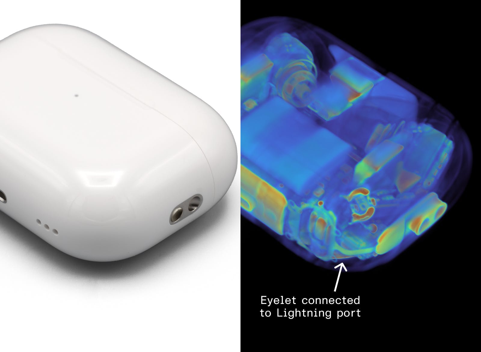 CT scan of the AirPod Pro 2 charging case showing the lanyard loop internally connected to the Lightning port