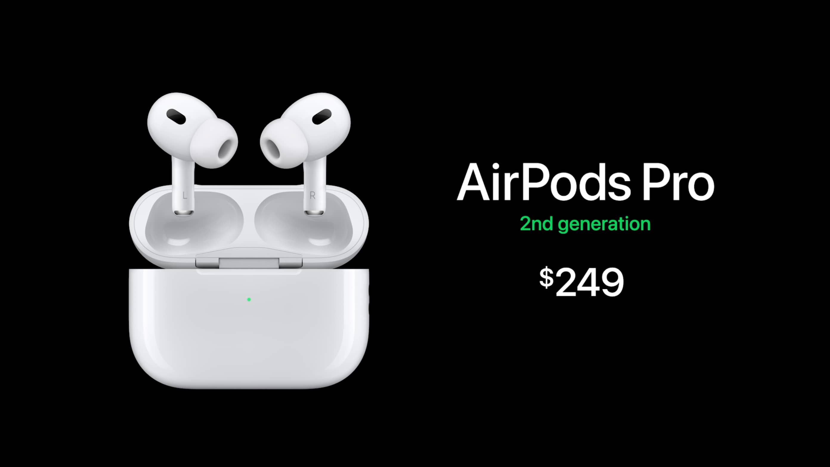 Apple image showcasing the second-generation AirPods Pro and their $249 price