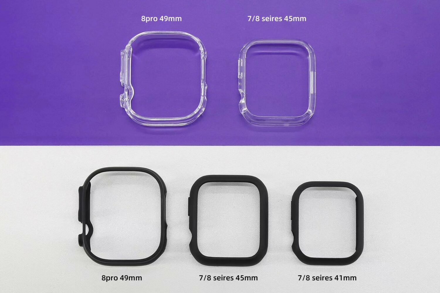 Side-by-side images of protective cases for Apple Watch Pro, Series 8 and Series 7 illustration size differences