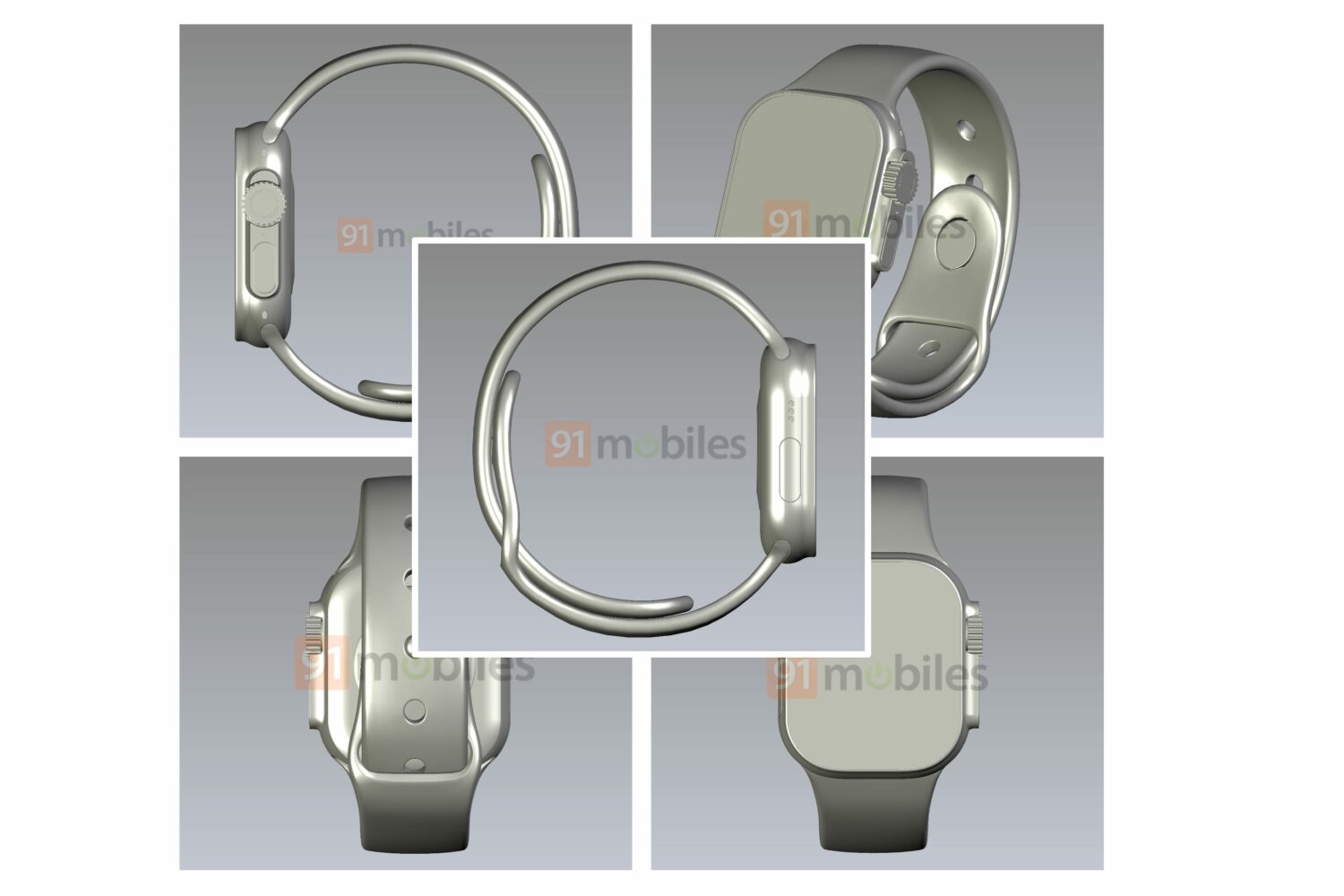 CAD renderings of Apple Watch Pro revealing a lefthand side physical button, a flat screen design and a protrusion on the right housing the Digital Crown and Side buttons