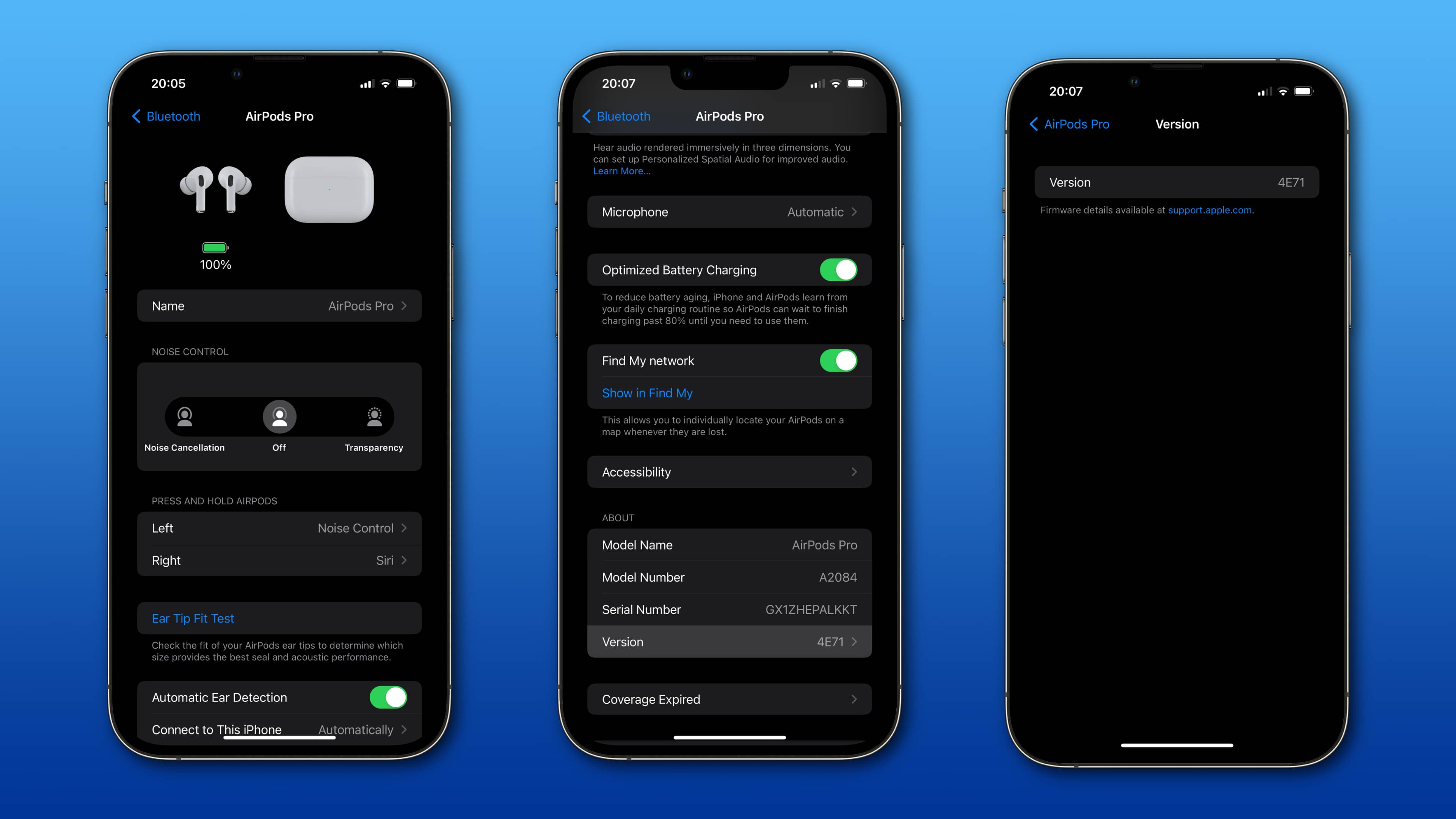 Three iPhone screenshots showing AirPods settings in iOS 16 with firmware version number and a link to release notes on the web