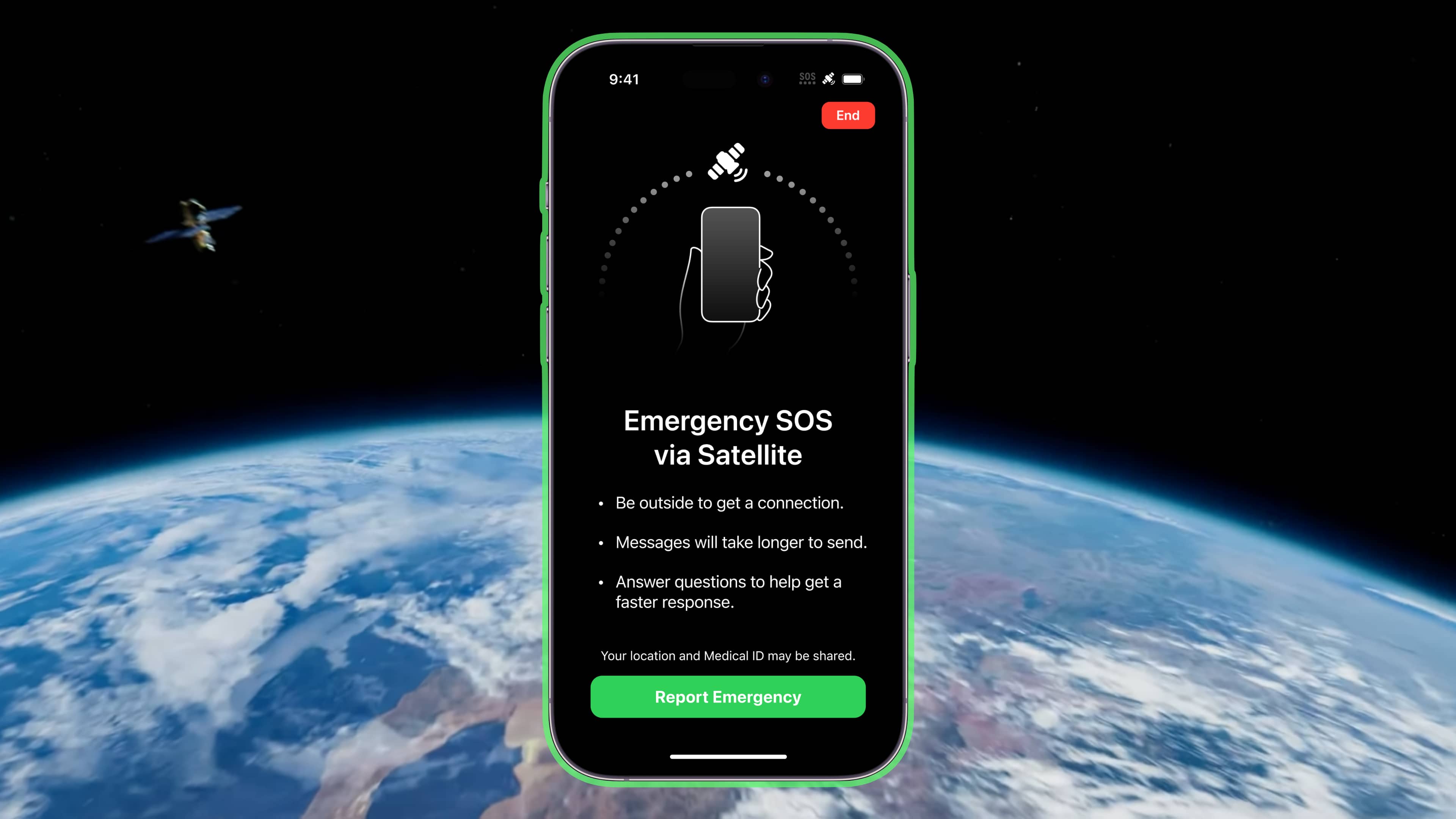 Composition showing a splash screen for Emergency SOS via satellite on iPhone, with a shot of planet Earth in the background