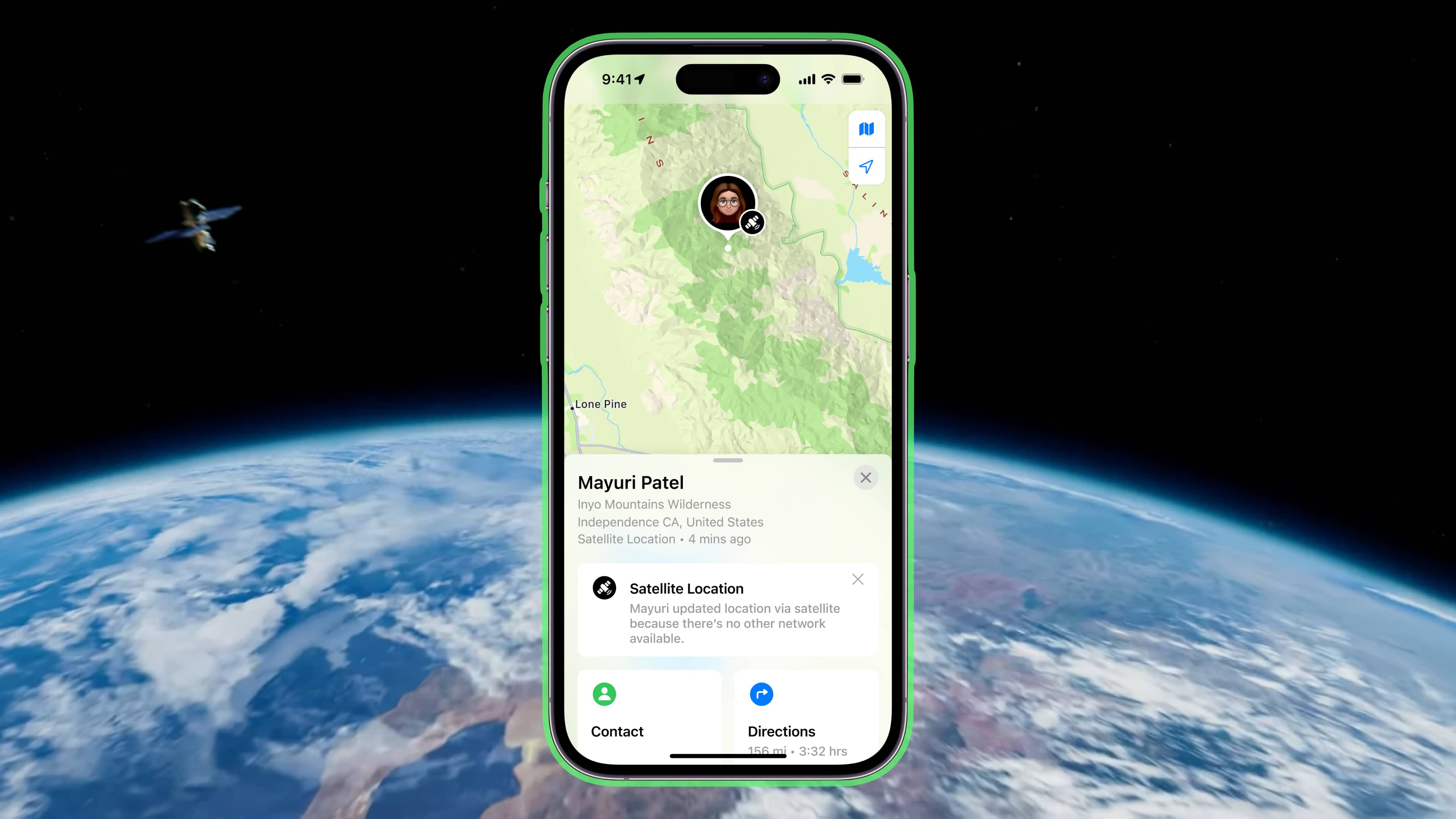 Composition showing a message in Apple's Find My app about a contact's location being updated via satellite, with a shot of planet Earth in the background