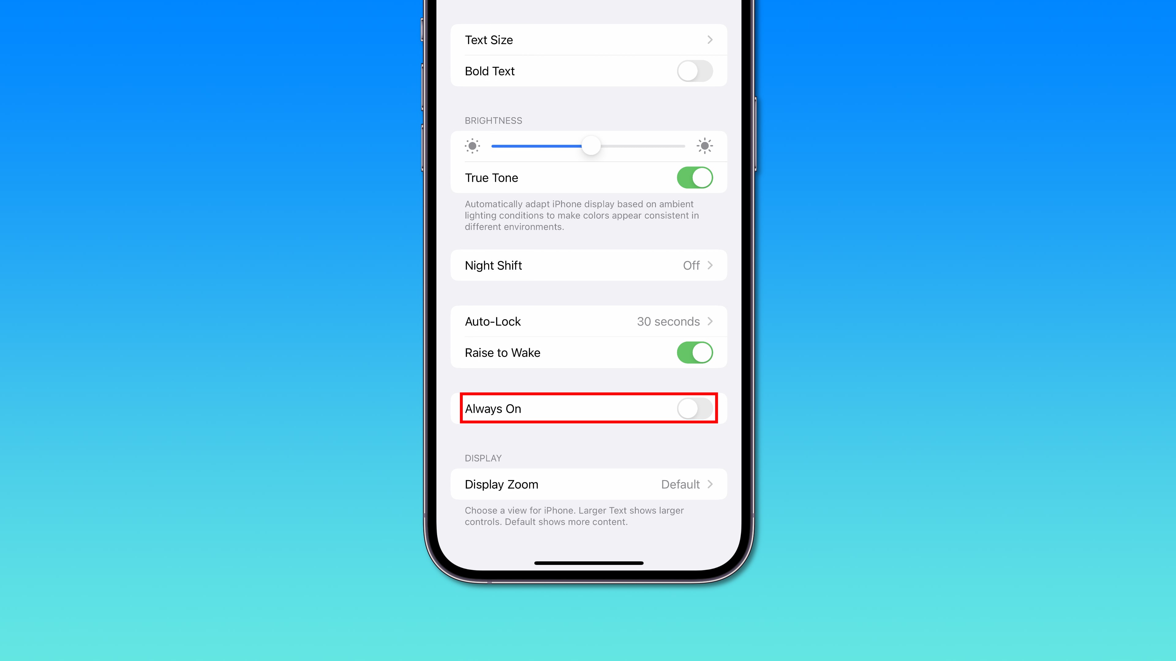 The Always-On Display switch turned off in the iPhone's settings