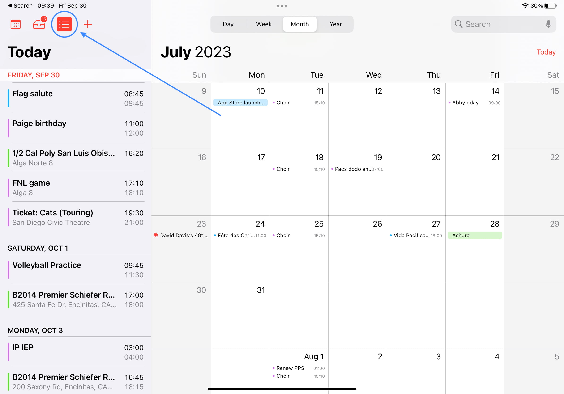 Calendar list view on iPad