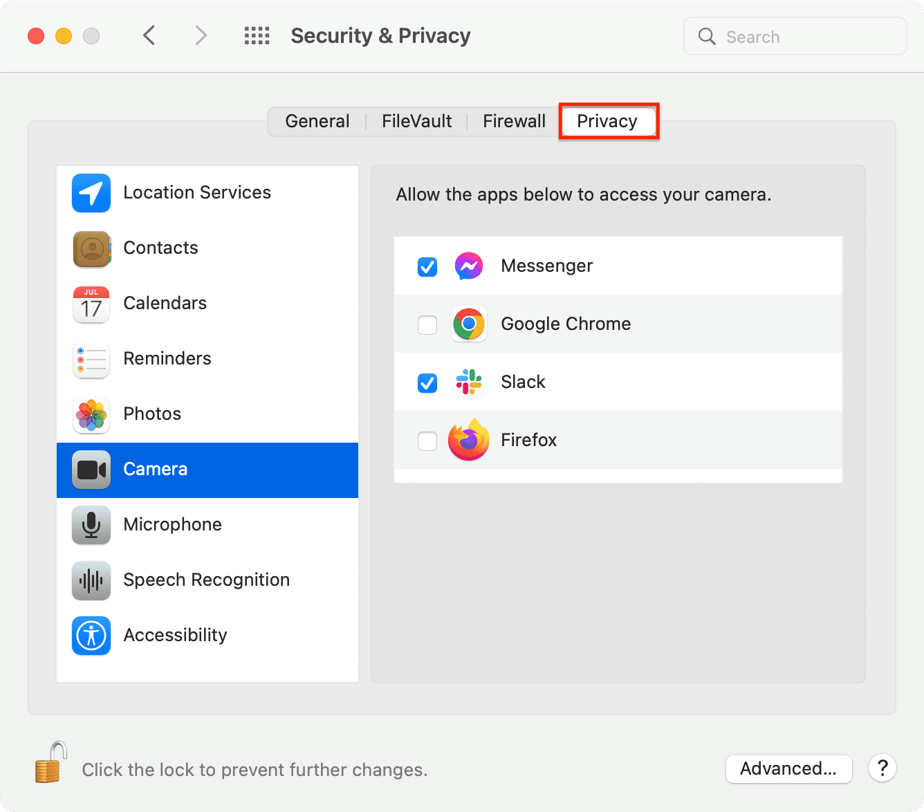 Camera access for apps in Mac privacy settings