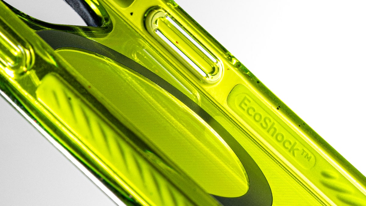 Closeup of the left side of Casetify's iPhone case with the word "EcoShock"