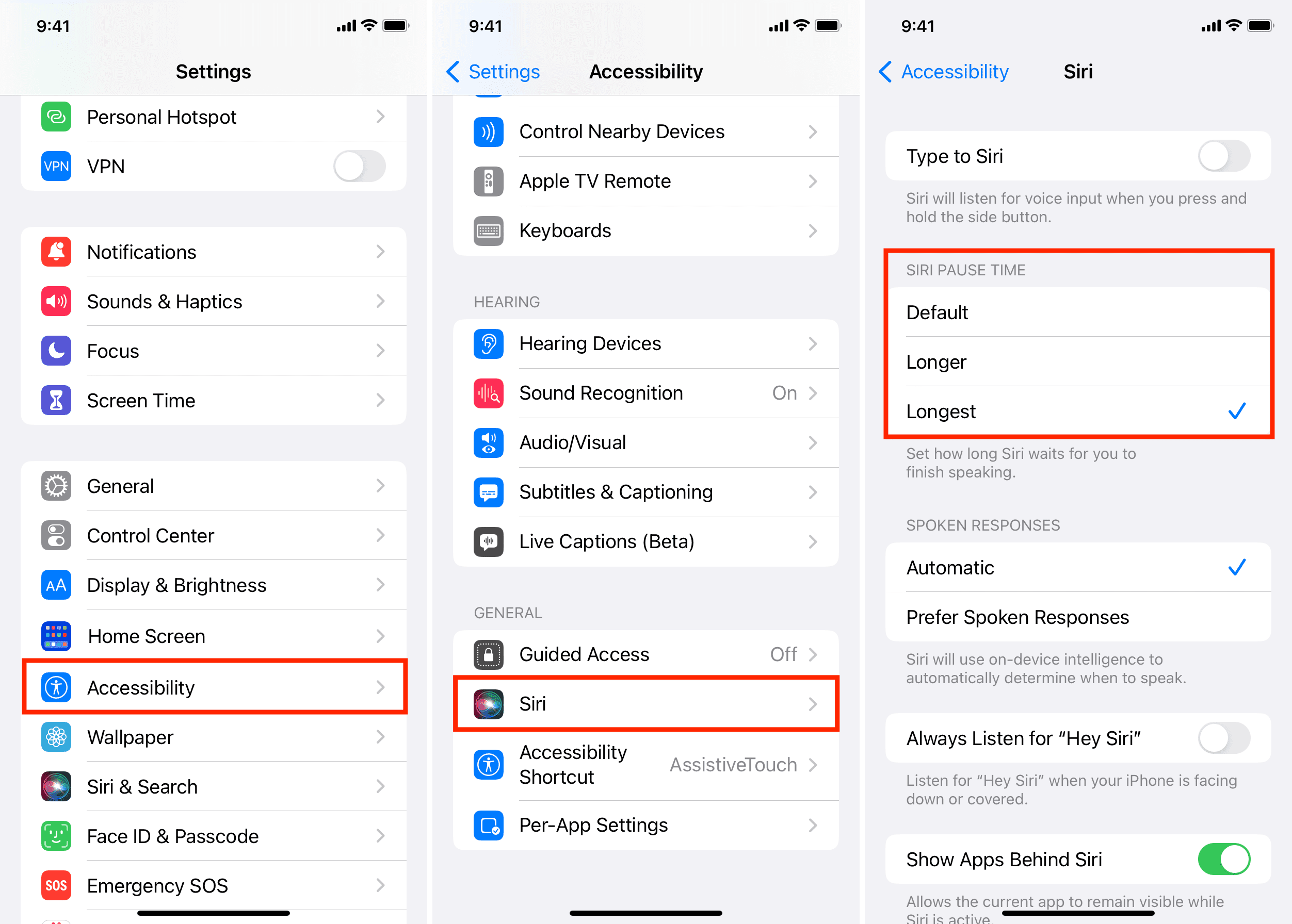 Three iPhone screenshots showing how to change Siri Pause Time settings so that Siri waits longer until you finish speaking