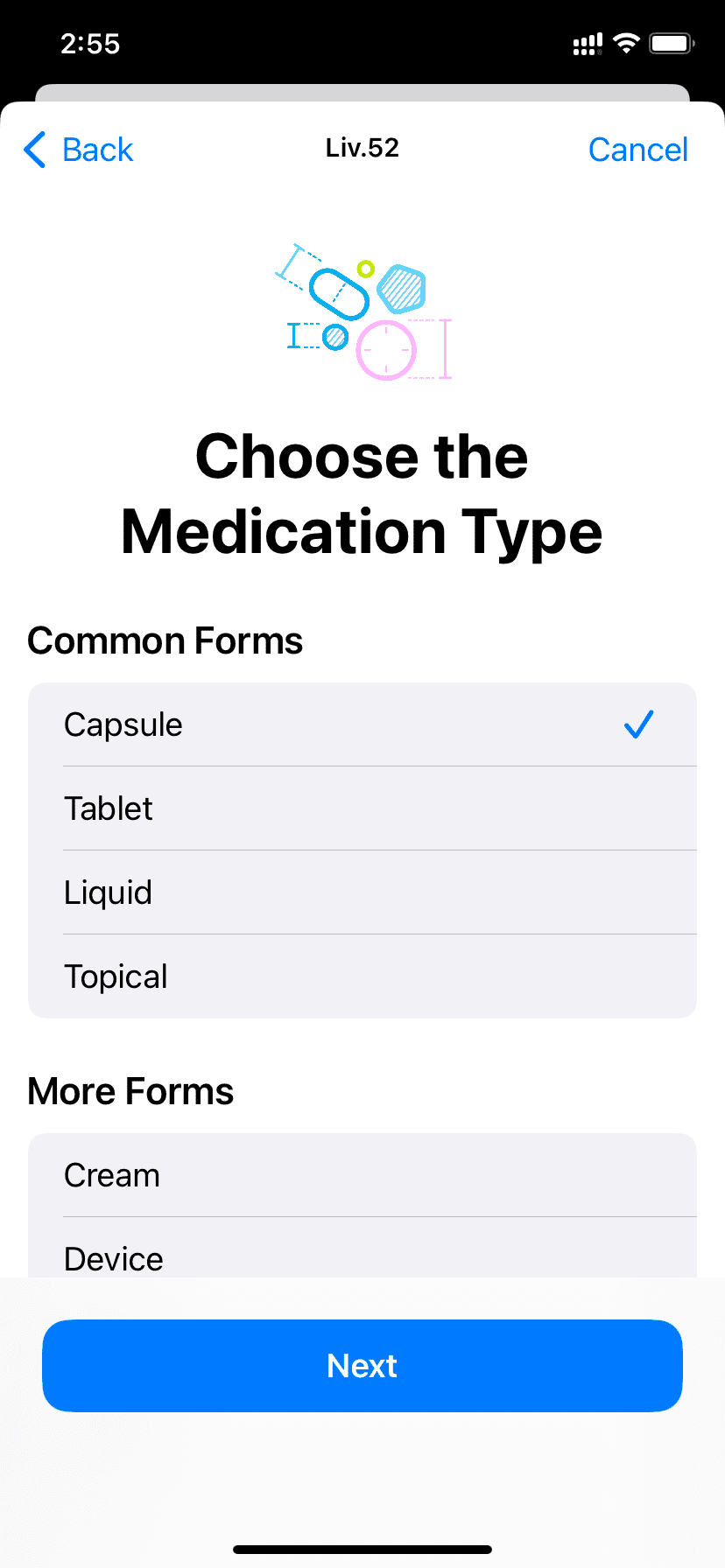 Choose Medication Type Health app iPhone