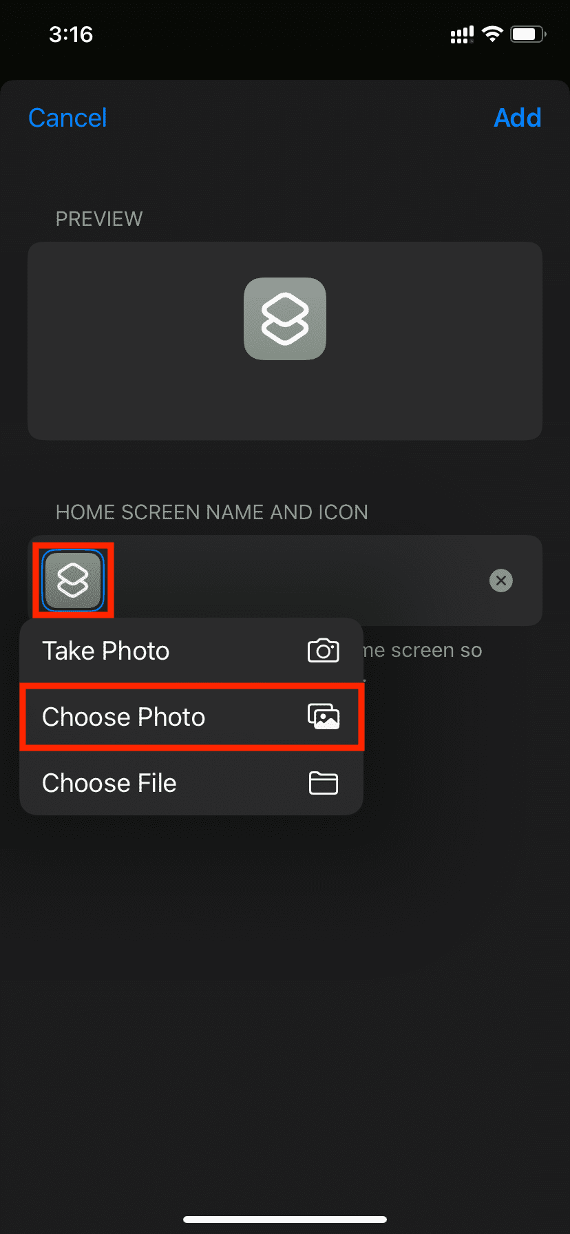 Choose photo to add as invisible shortcut icon