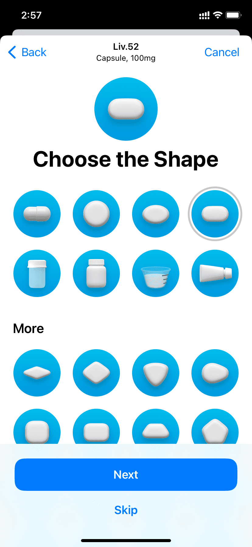 Choose shape of medicine in iPhone Health app