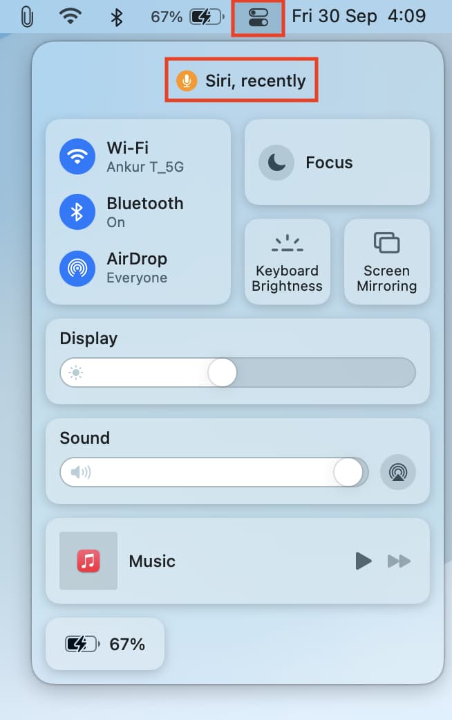 Control Center on Mac showing microphone access