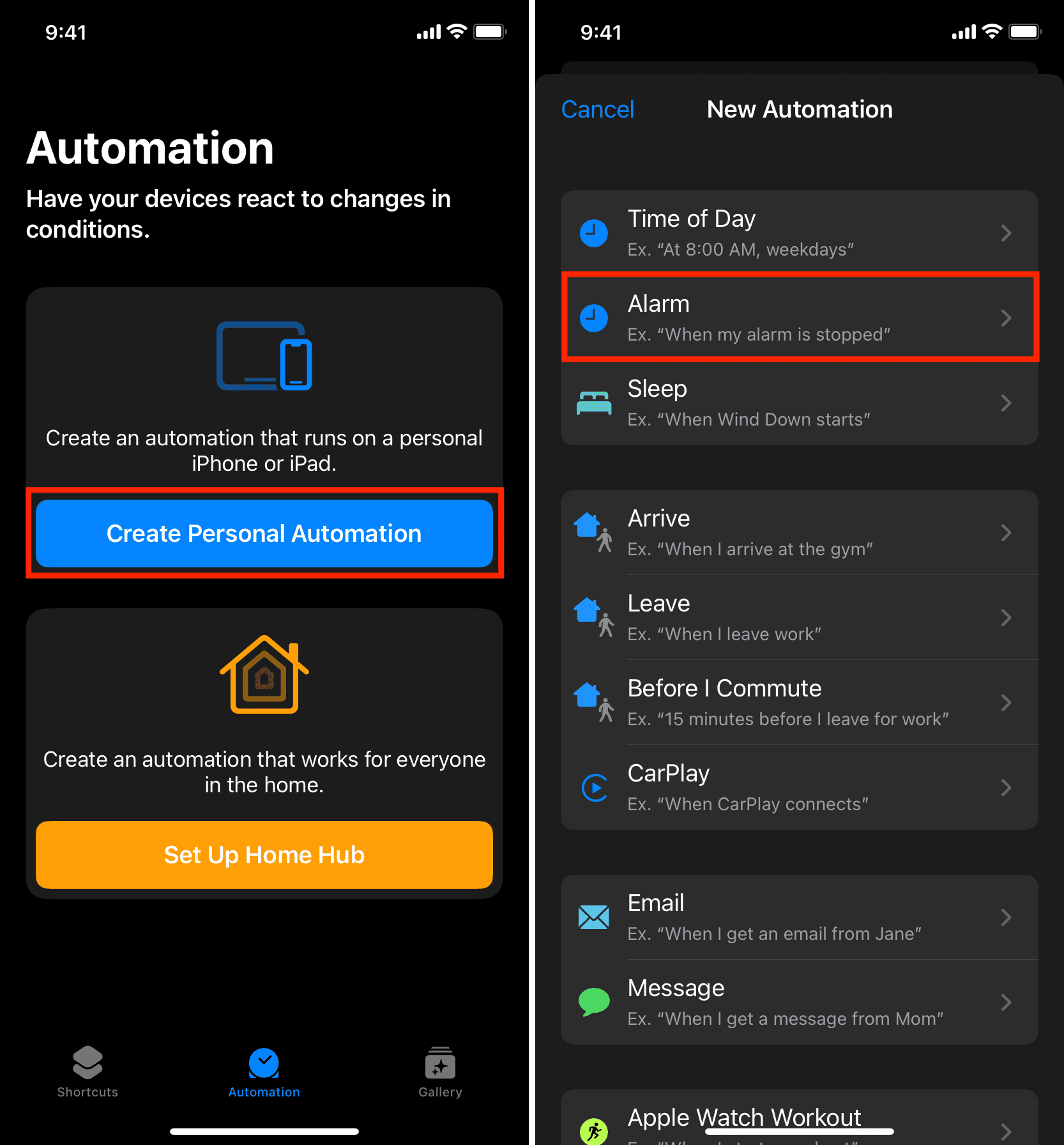 Create Personal Automation and choose Alarm on iPhone