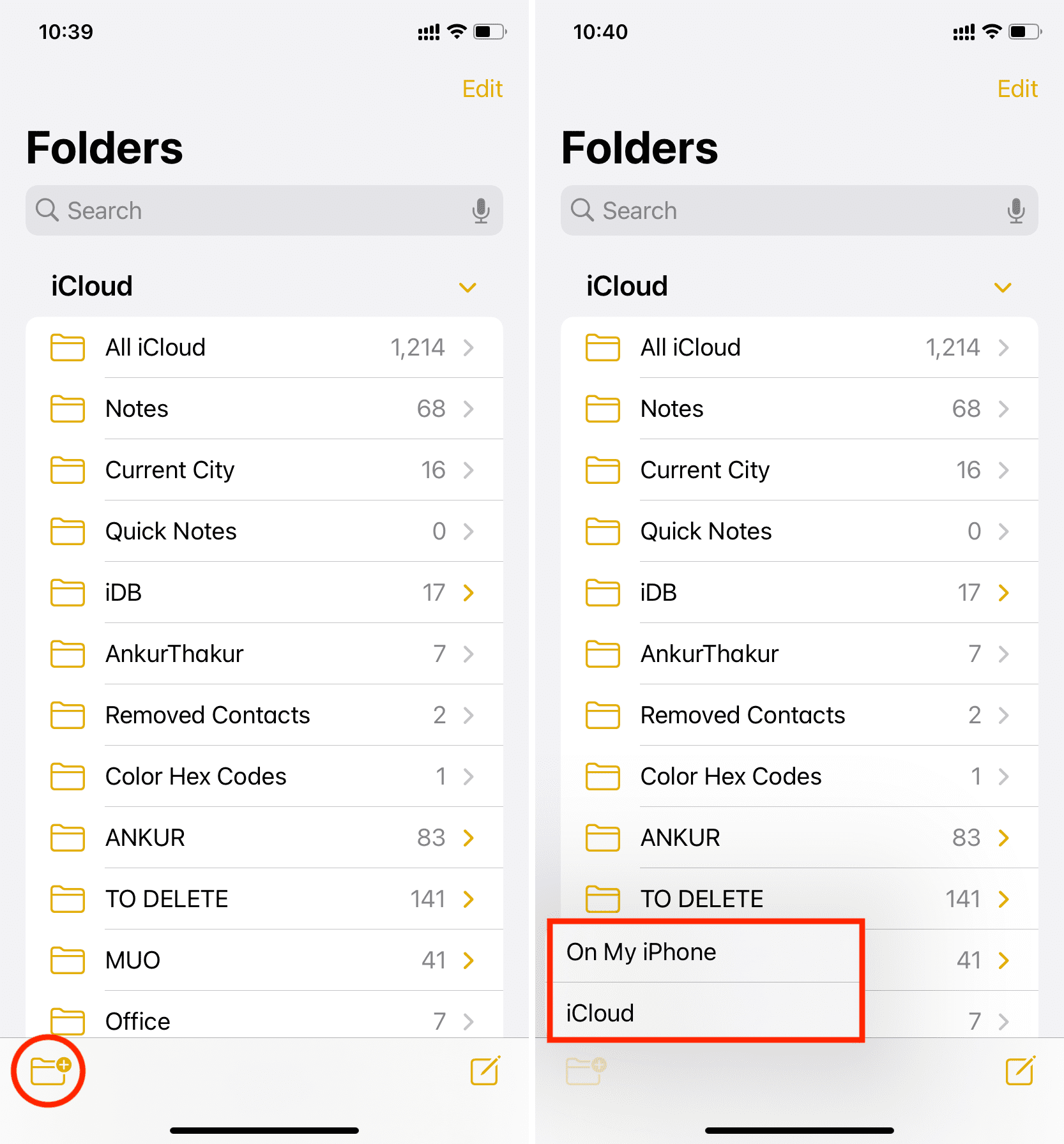 Create new folder in iPhone Notes app