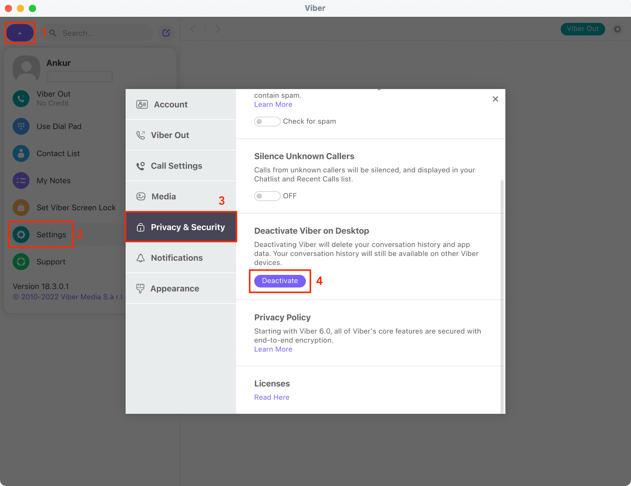 Deactivate Viber on Mac