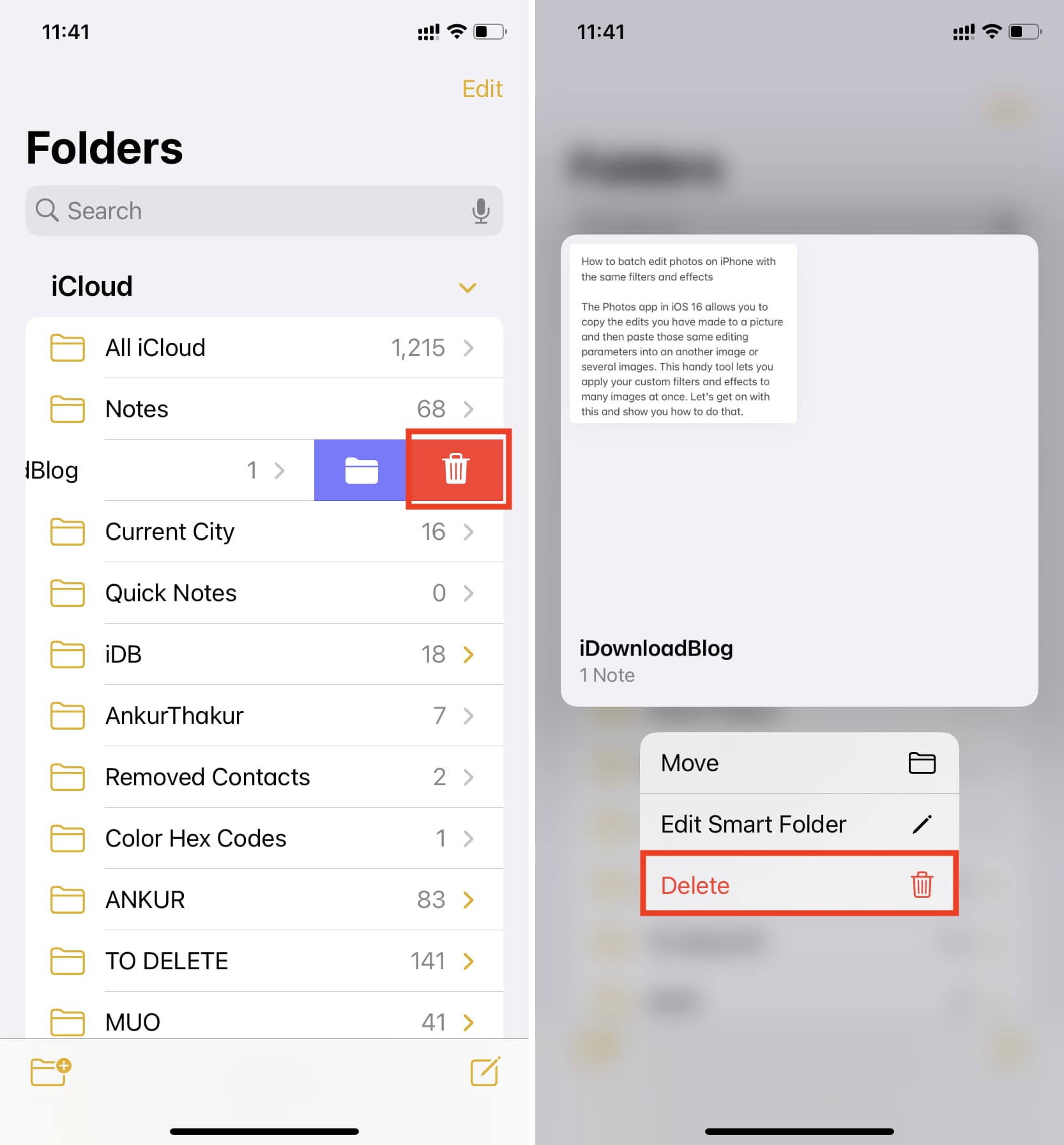 Delete Smart Folder in Notes app on iPhone