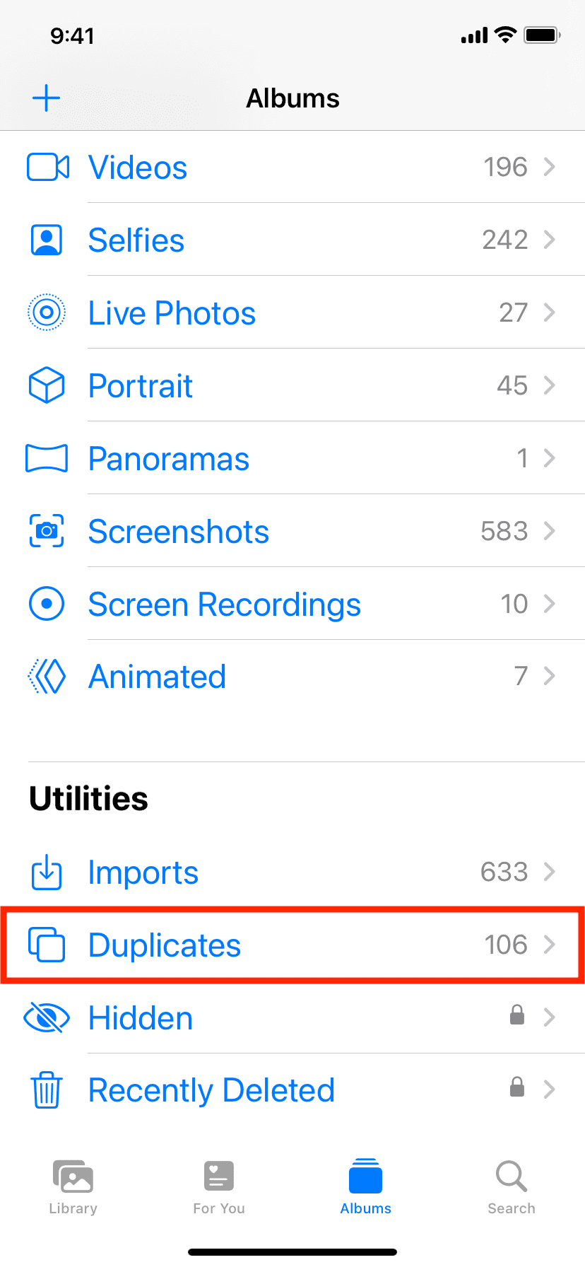 Duplicates folder in iPhone Photos app