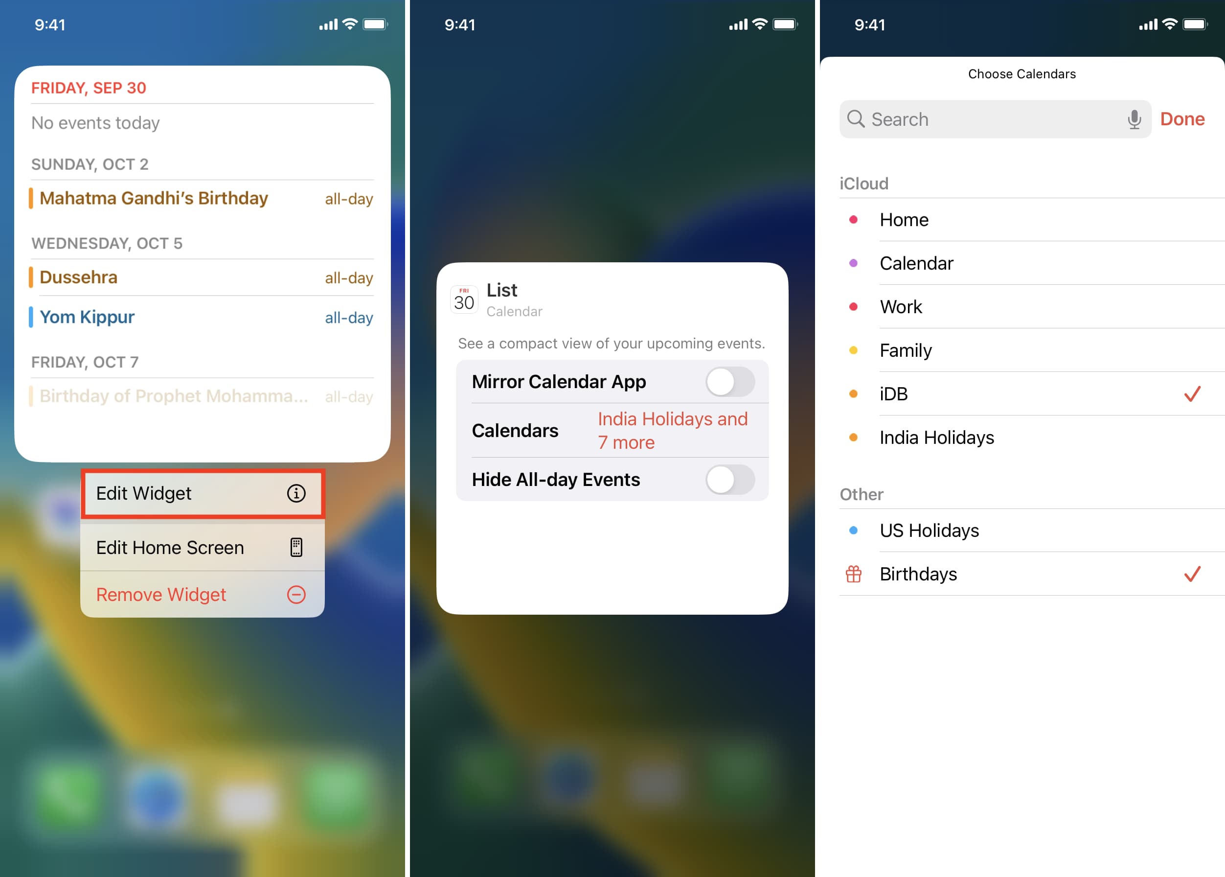 Edit calendar widget on iPhone Home Screen