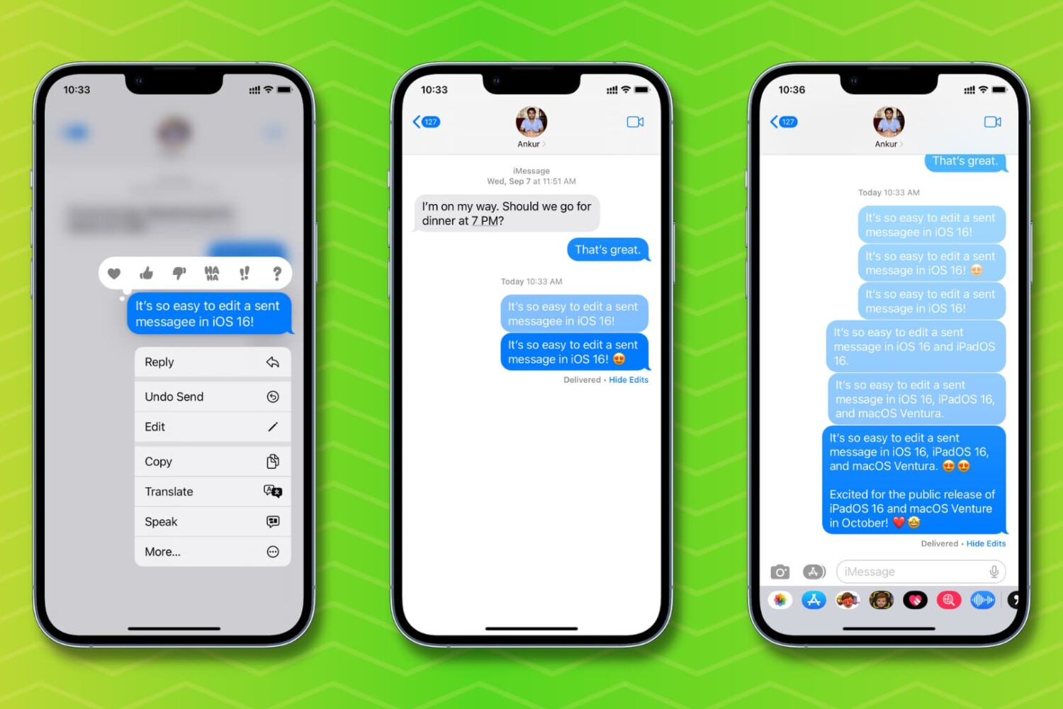 Three screenshots showing the steps to edit a sent message up to five times in iOS 16