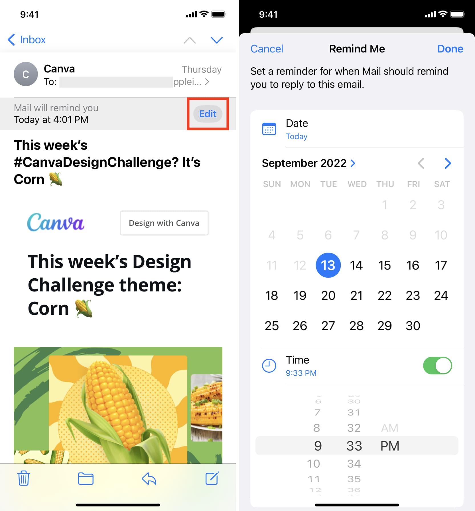 Edit reminder time in Mail app on iPhone