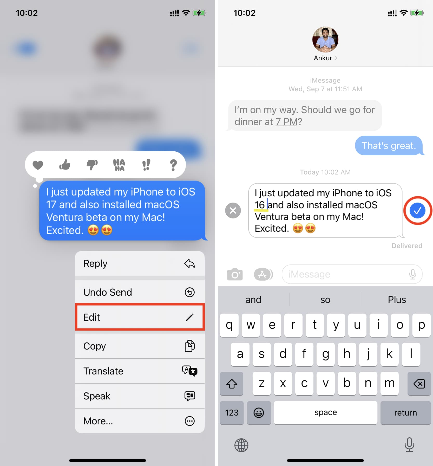 Two screenshots showing how to edit sent message on iPhone