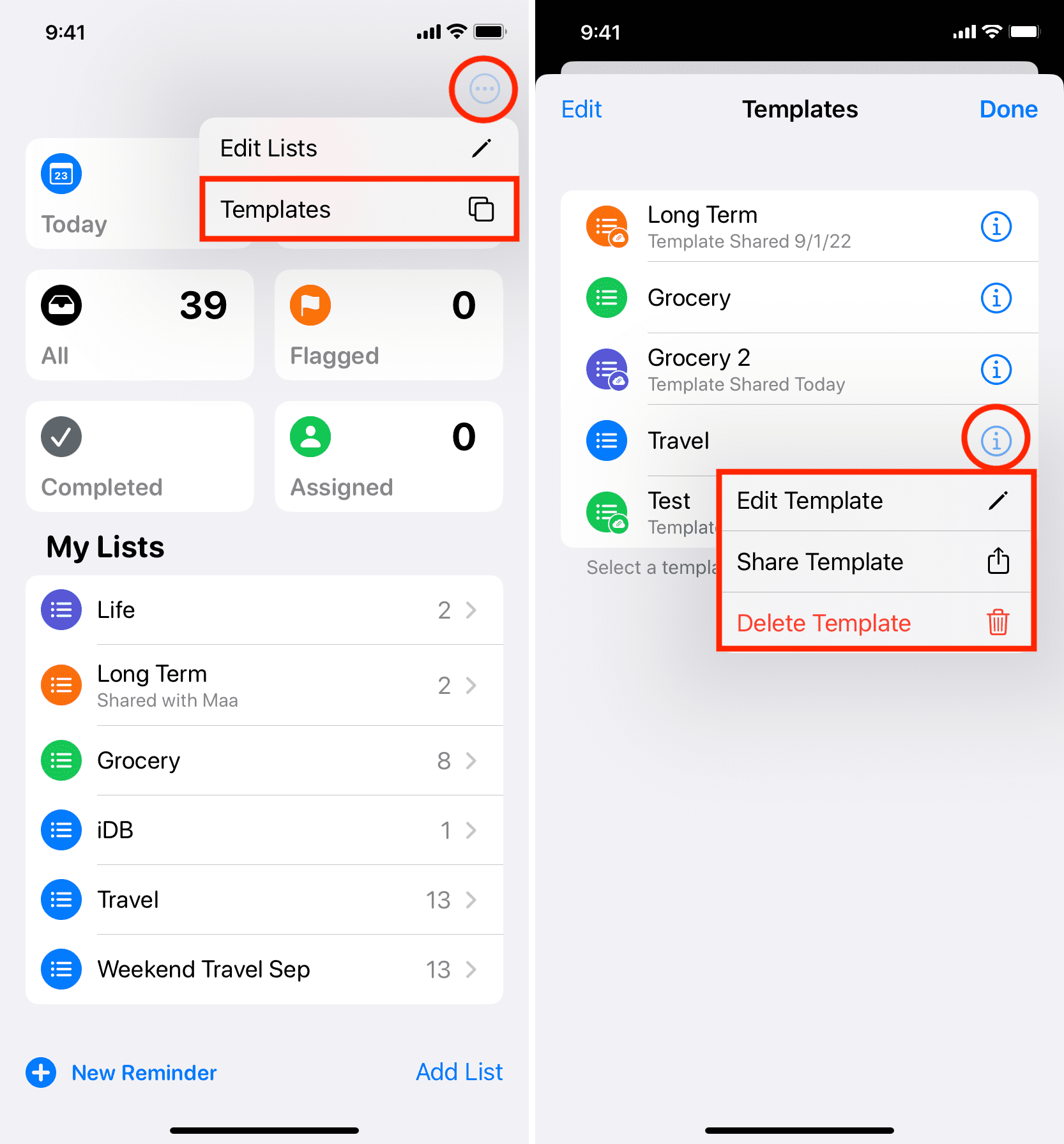 Edit, share, or delete reminder templates on iPhone