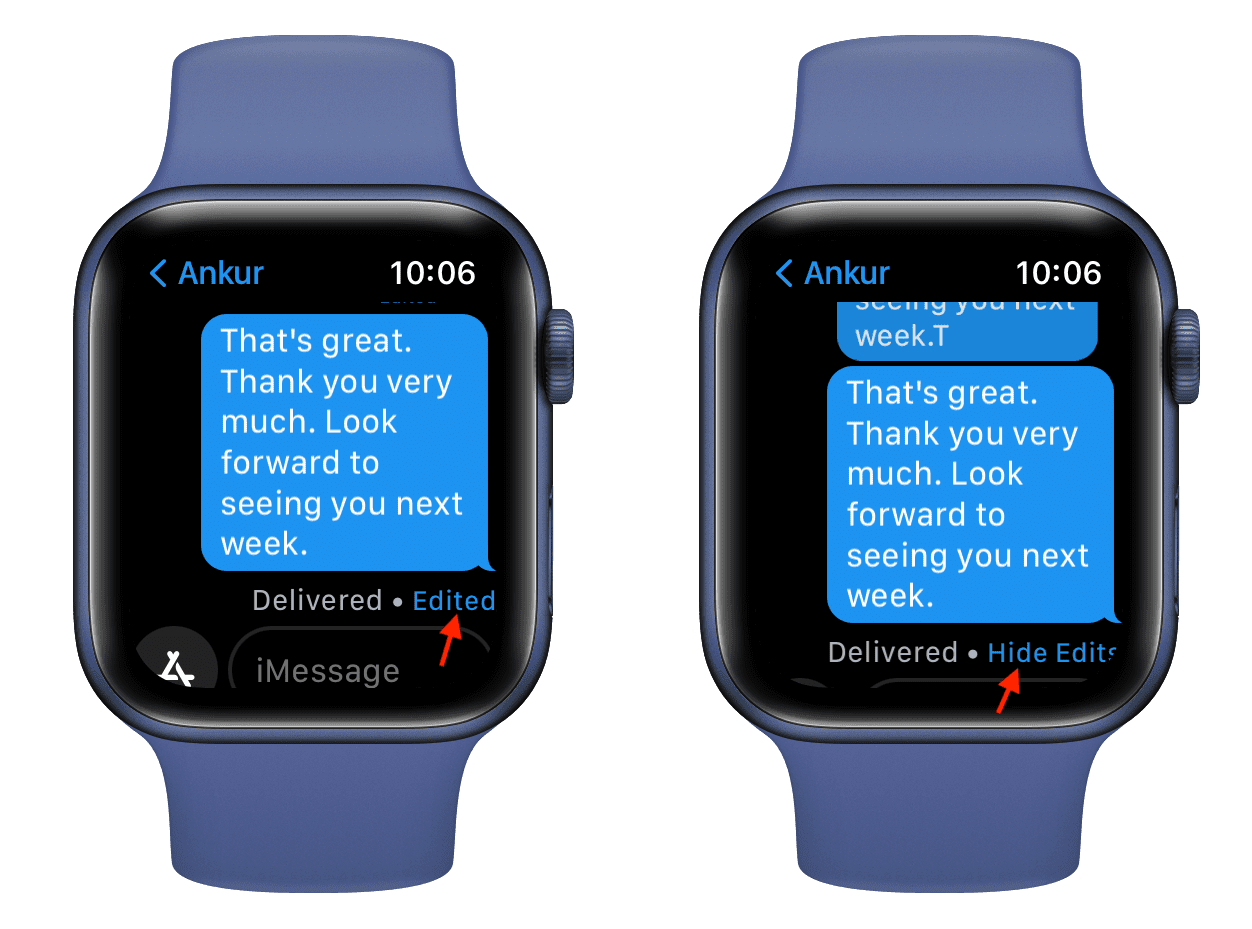 Edited message and Hide Edits in Messages app on Apple Watch
