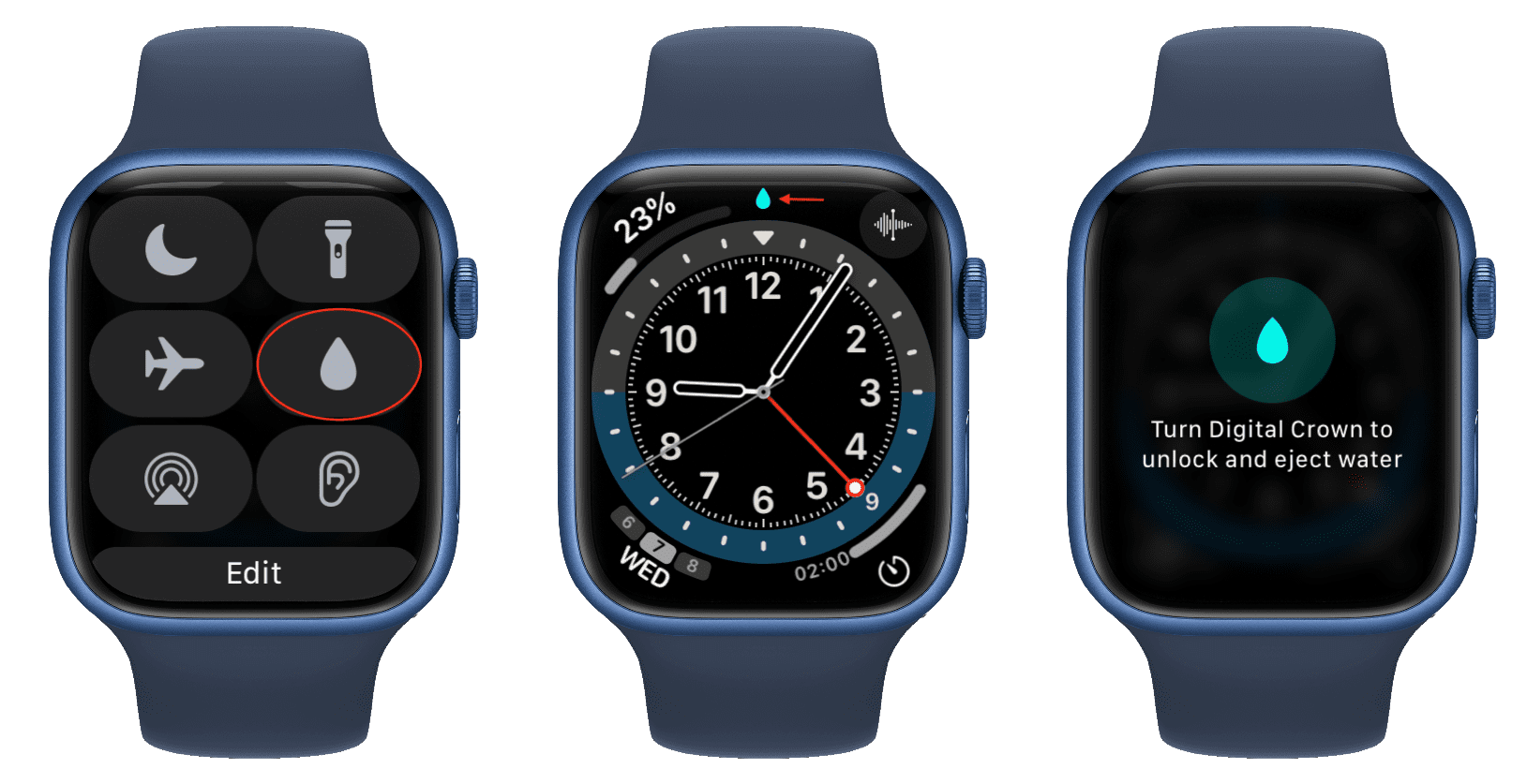 Three Apple Watch mockups showing how to eject water from Apple Watch