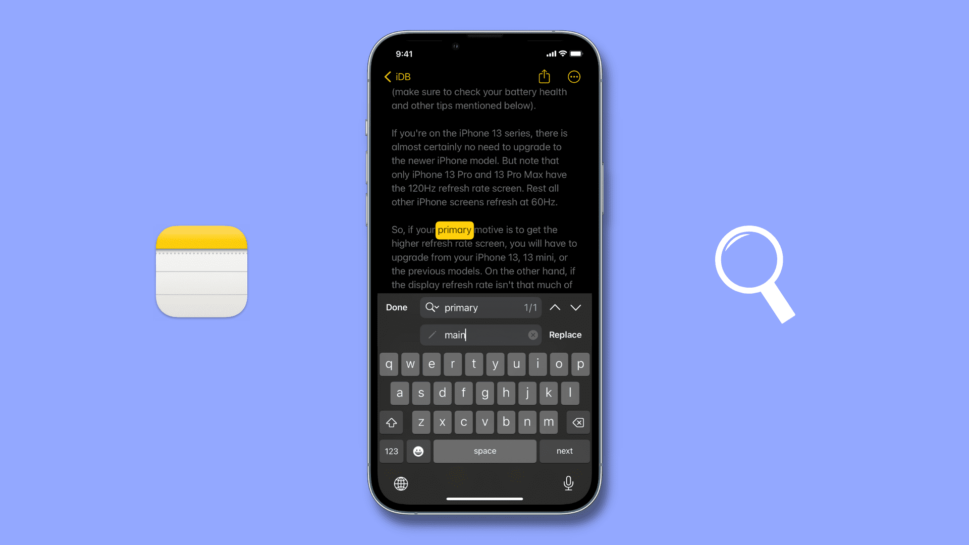 Use Find and Replace in iPhone Notes app